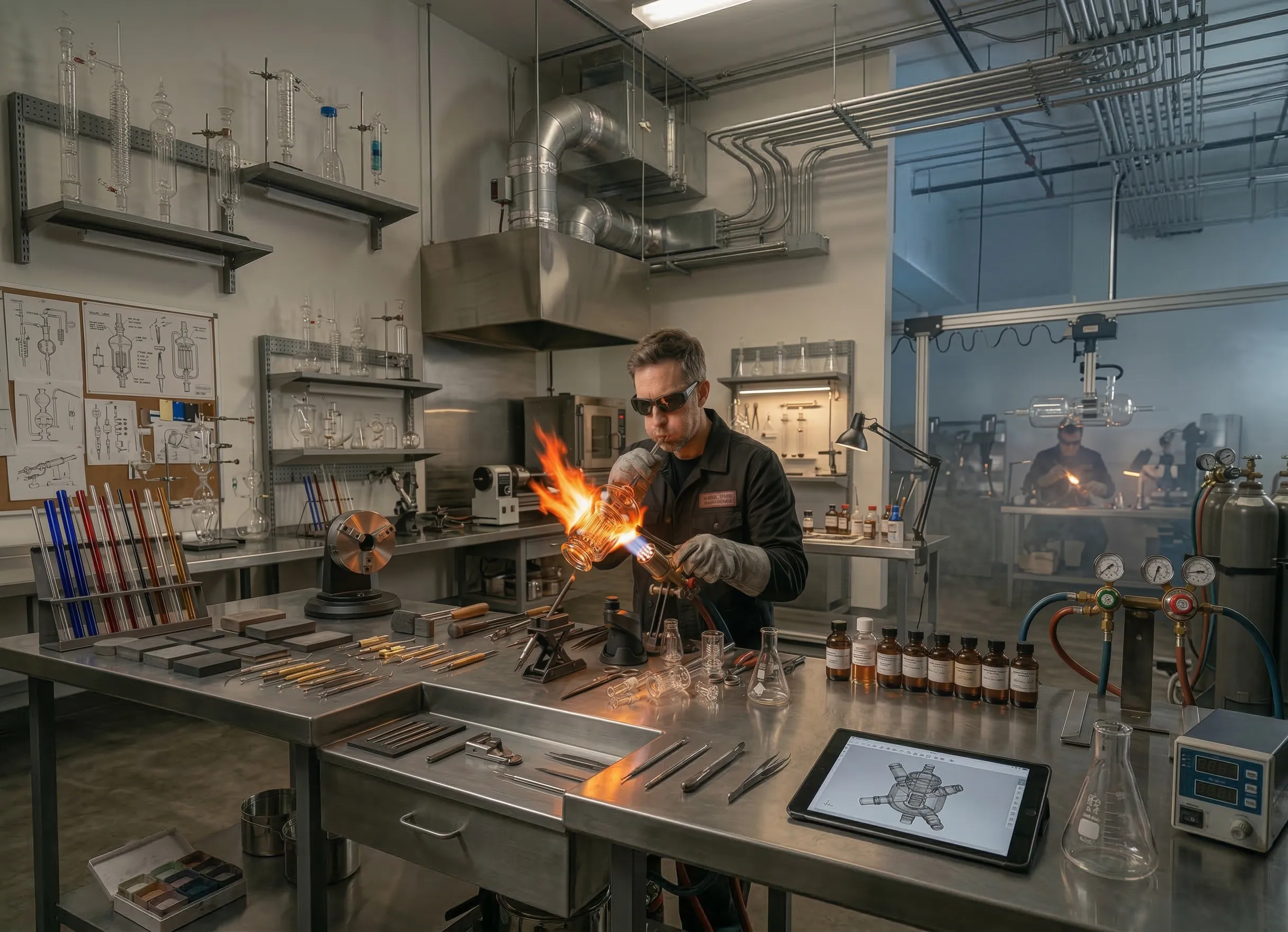 GAB Glass workshop showing lab-grade borosilicate glass craftsmanship and quality control