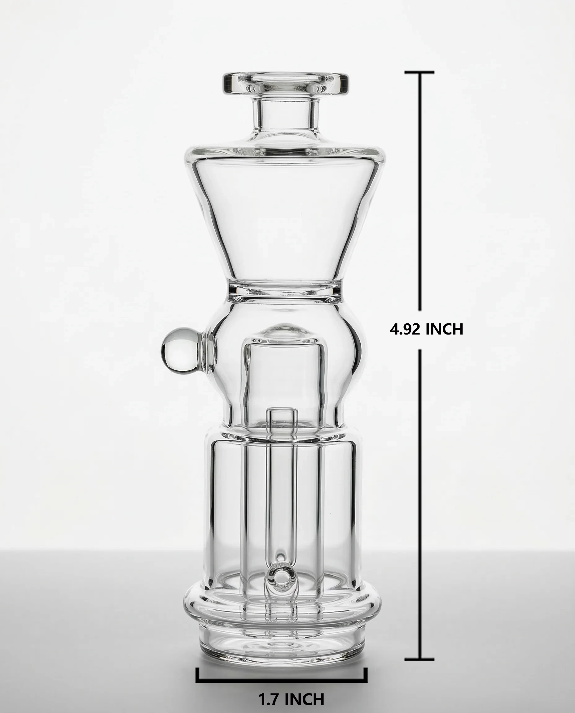 Clear multi-chamber glass bubbler with labeled dimensions for Puffco Peak Pro