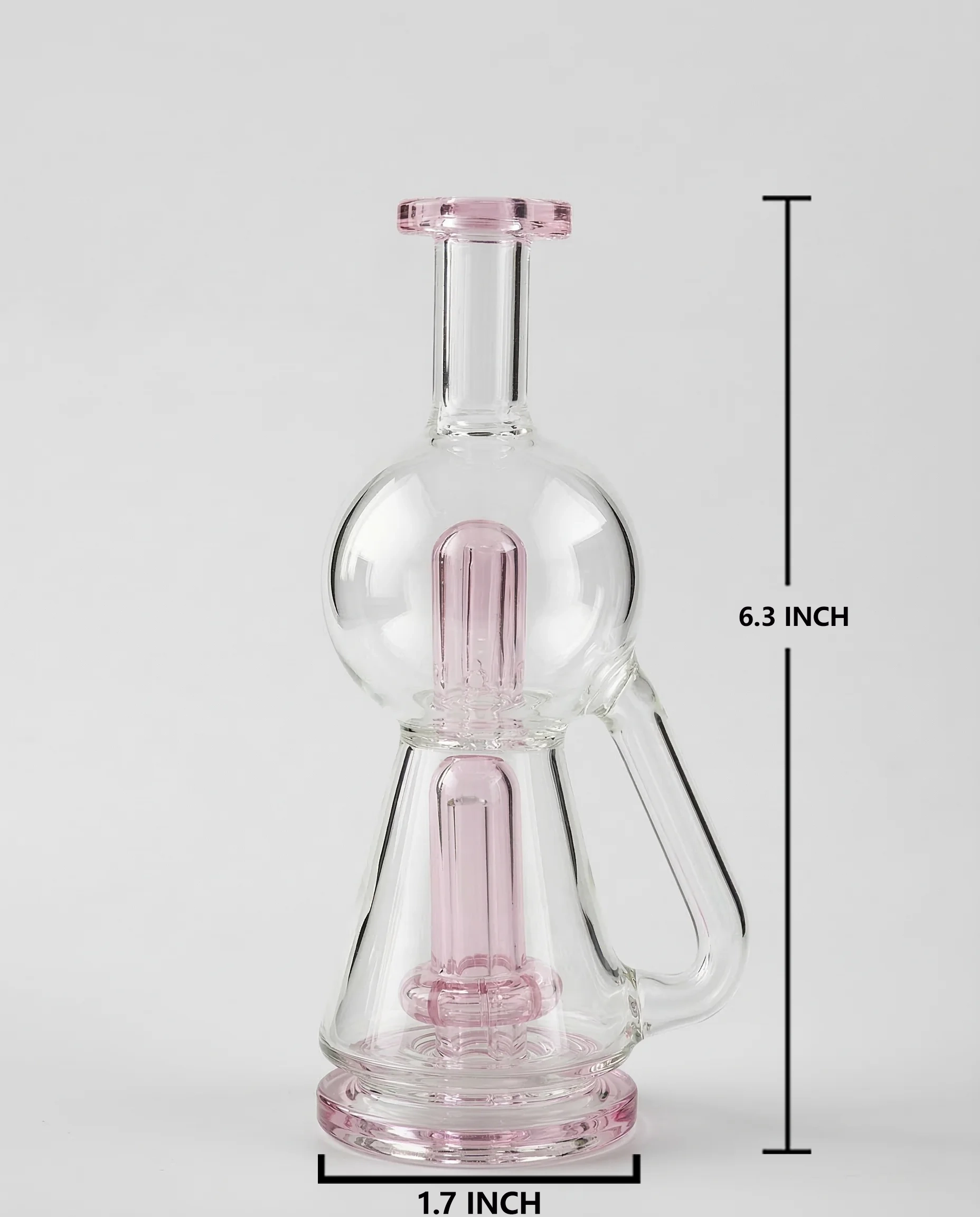 Pink-accent recycler-style glass bubbler with labeled dimensions for Puffco Peak Pro