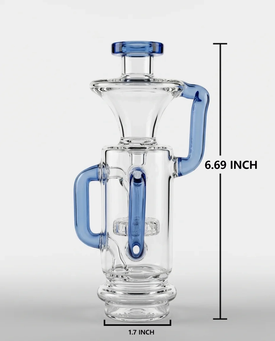 Blue-handled glass bubbler with labeled dimensions for Puffco Peak Pro