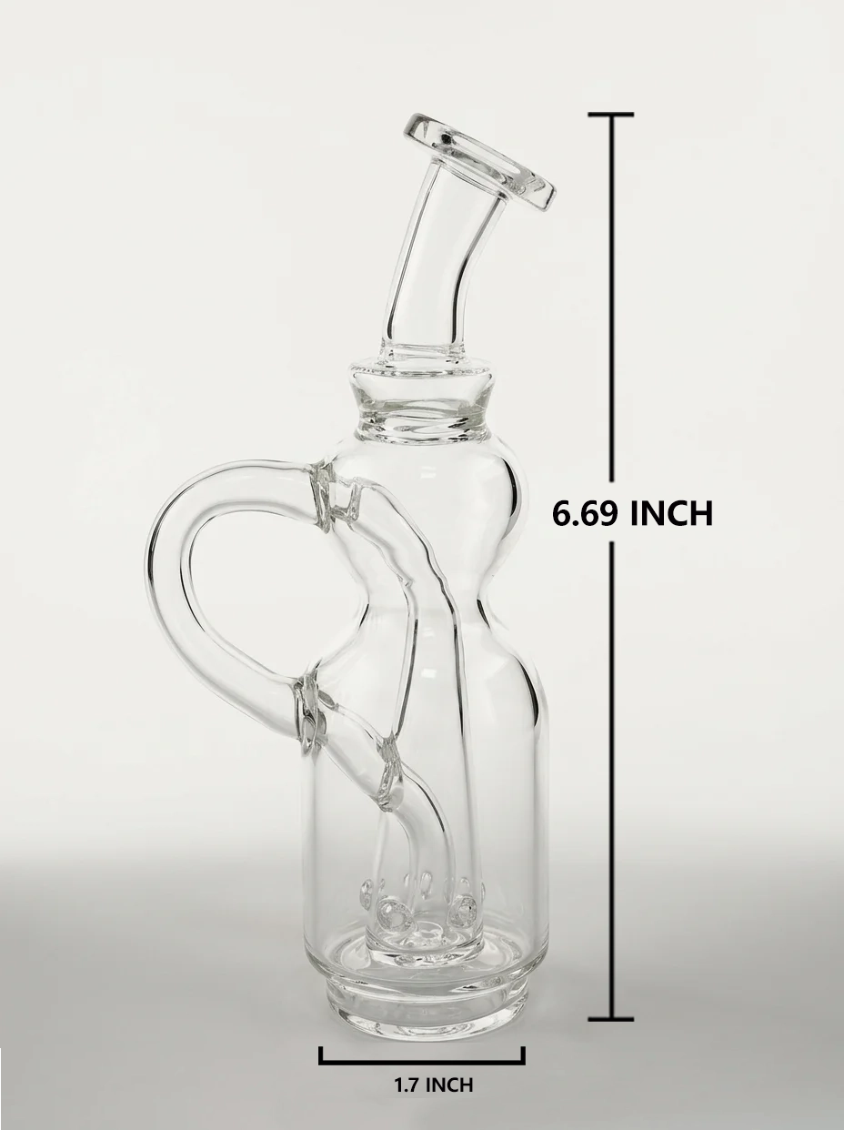 Clear recycler-style glass bubbler with labeled dimensions for Puffco Peak Pro