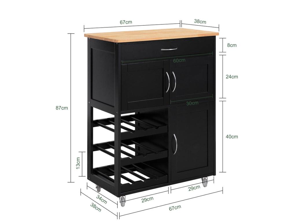 Carrito de Cocina Carrito de Servir con 3 Puertas y 1 cajón L67cmxH87cmxD38cm Negro FKW45-SCH Hogarmagic  ES