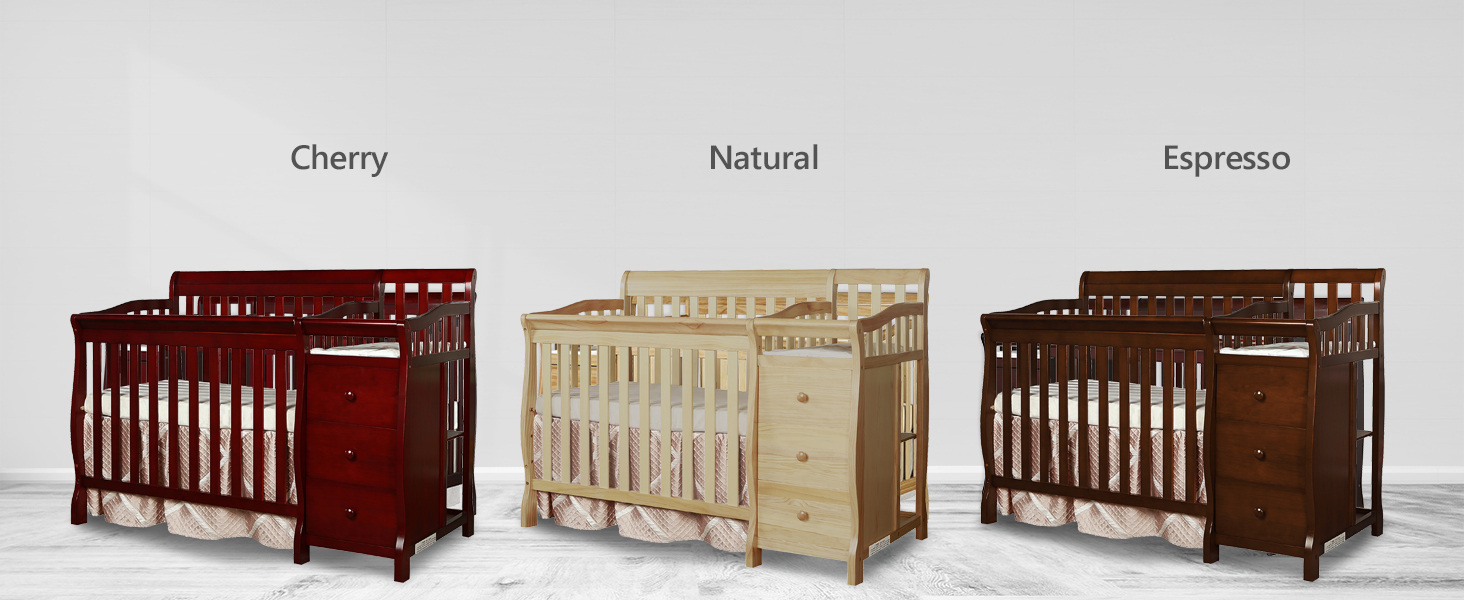cherry crib, natural crib, espresso crib, rose crib, brown crib, jayden mini crib and changer, crib
