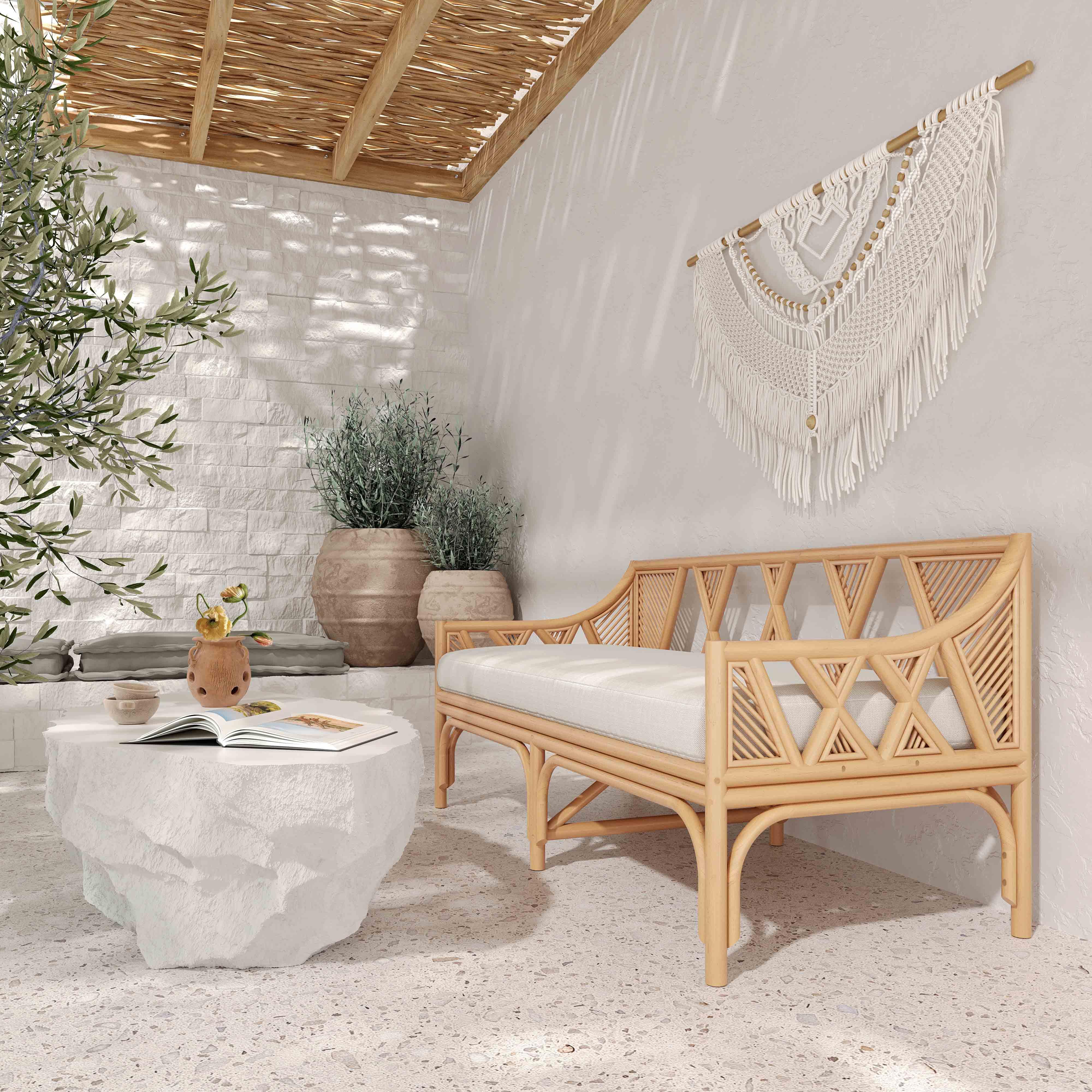 Natural material mix of wood rattan and linen in a stylish living room