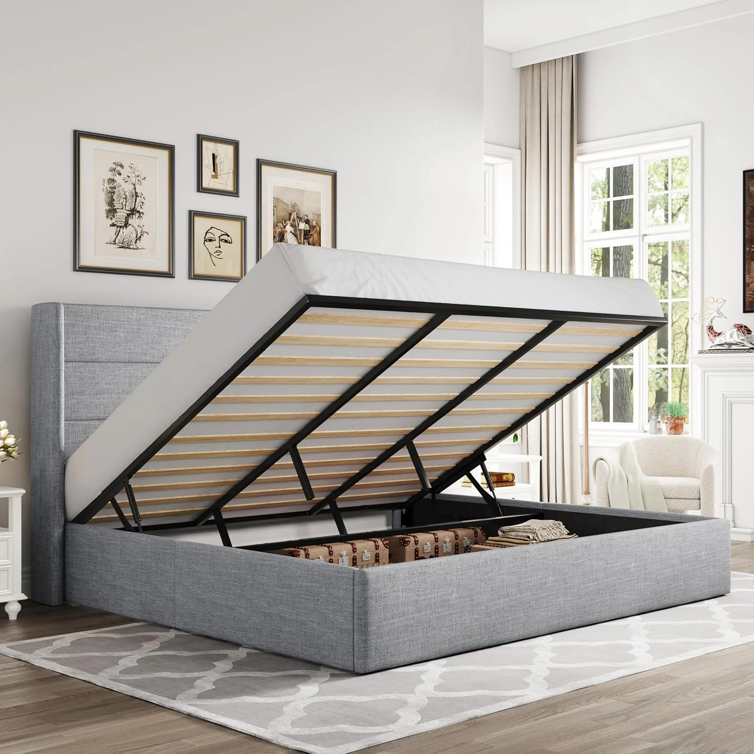 Allewie Queen Size Lift Up Storage Bed Modern Wingback Headboard Hydraulic Support