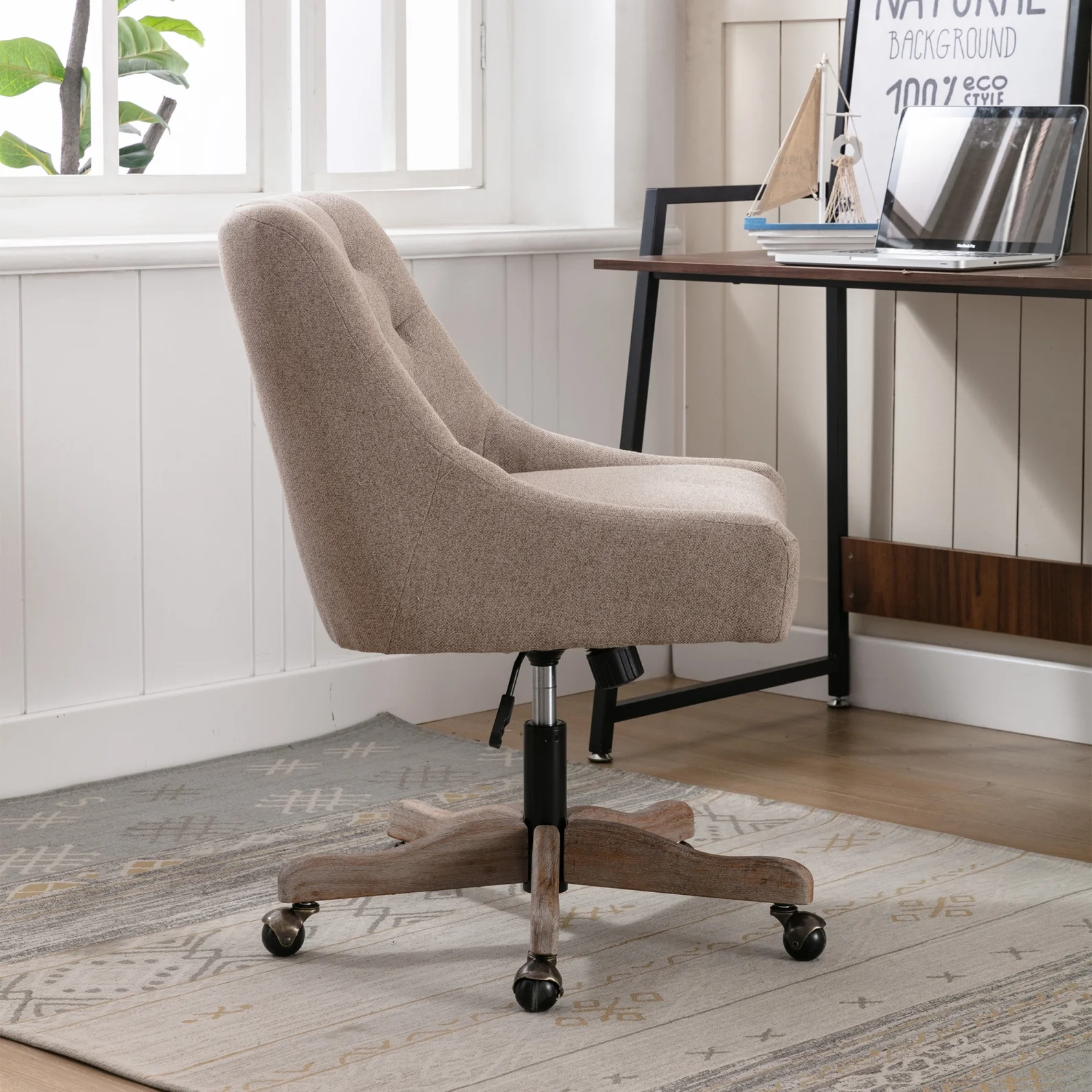 360 Degree Swivel Office Desk Chair, Upholstered Leisure Vanity Chair with Solid Wood Base and Wheels, Adjustable Height Computer Chair for Bedroom Living Room, Brown - Image 4
