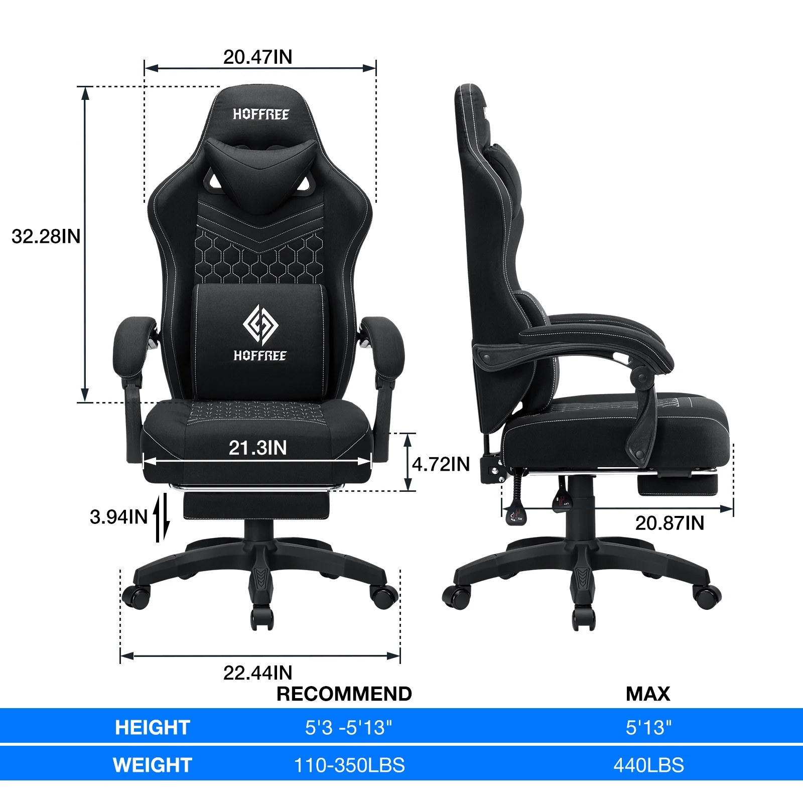 Hoffree Gaming Chair with Massage Fabric Office Chair with footrest for Adults, Ergonomic Gamer Chair with Headrest and Lumbar Support for Office Gaming, 440 LBS - Image 8