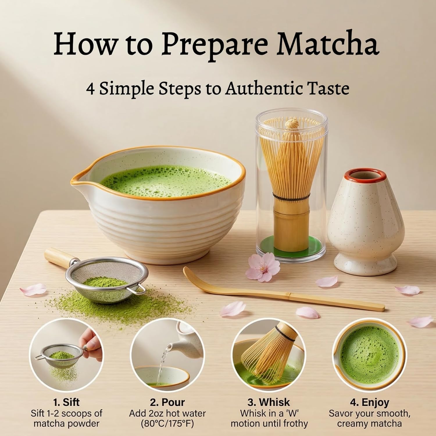 Matcha Set 7 Pcs, Japanese Matcha Kit for Beginners with Ceramic Bowl, Bamboo Whisk, Whisk Holder, Sifter, Chashaku Scoop and Tea Towel, Matcha Tea Set for Home, Latte and Gifts