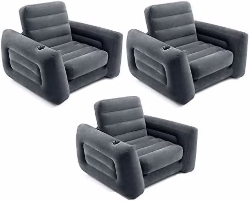 2 in 1 Inflatable Pull Out Sofa Chair and Twin Air Bed Mattress with Cup Holders for Indoor and Outdoor Use for Adults (3 Pack), Charcoal