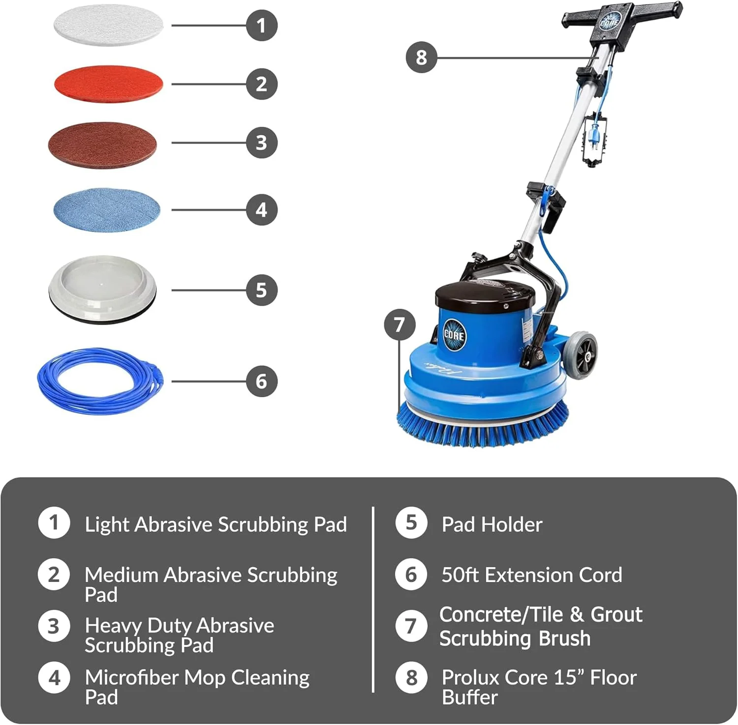 Prolux Core 15 in. Loaded Commercial Light Hand-Driven Floor Buffer Scrubber - Image 8