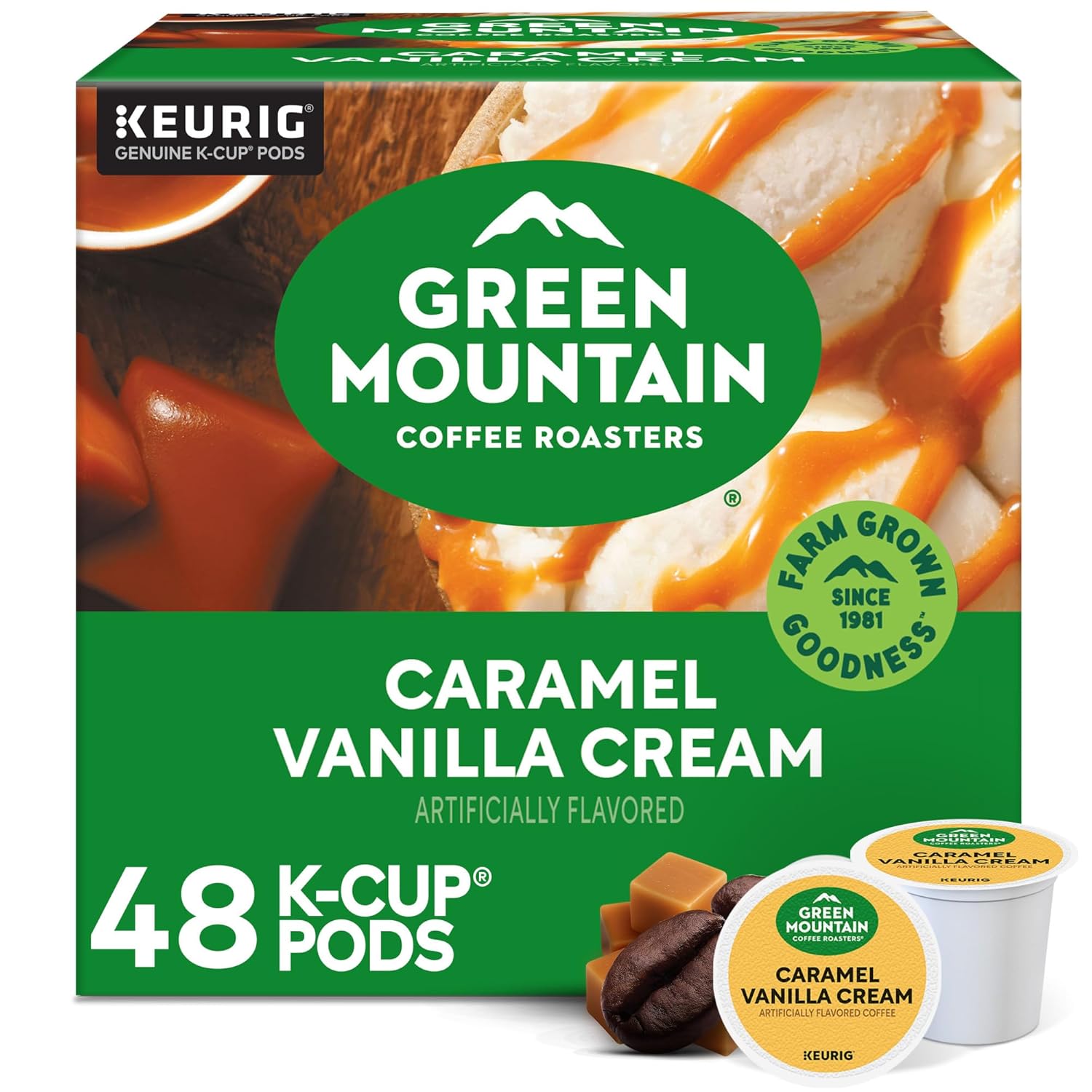 Green Mountain Coffee Roasters Caramel Vanilla Cream. Single-Serve Keurig K-Cup Pods. Flavored Light Roast Coffee Pods. 48 Count