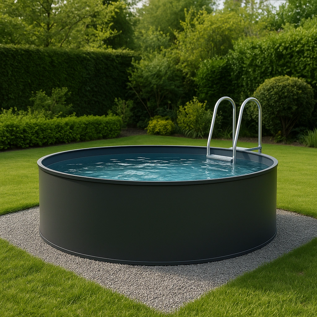 Piscina elevada redonda con escalera metálica gris 300cmx300cmx100cm
