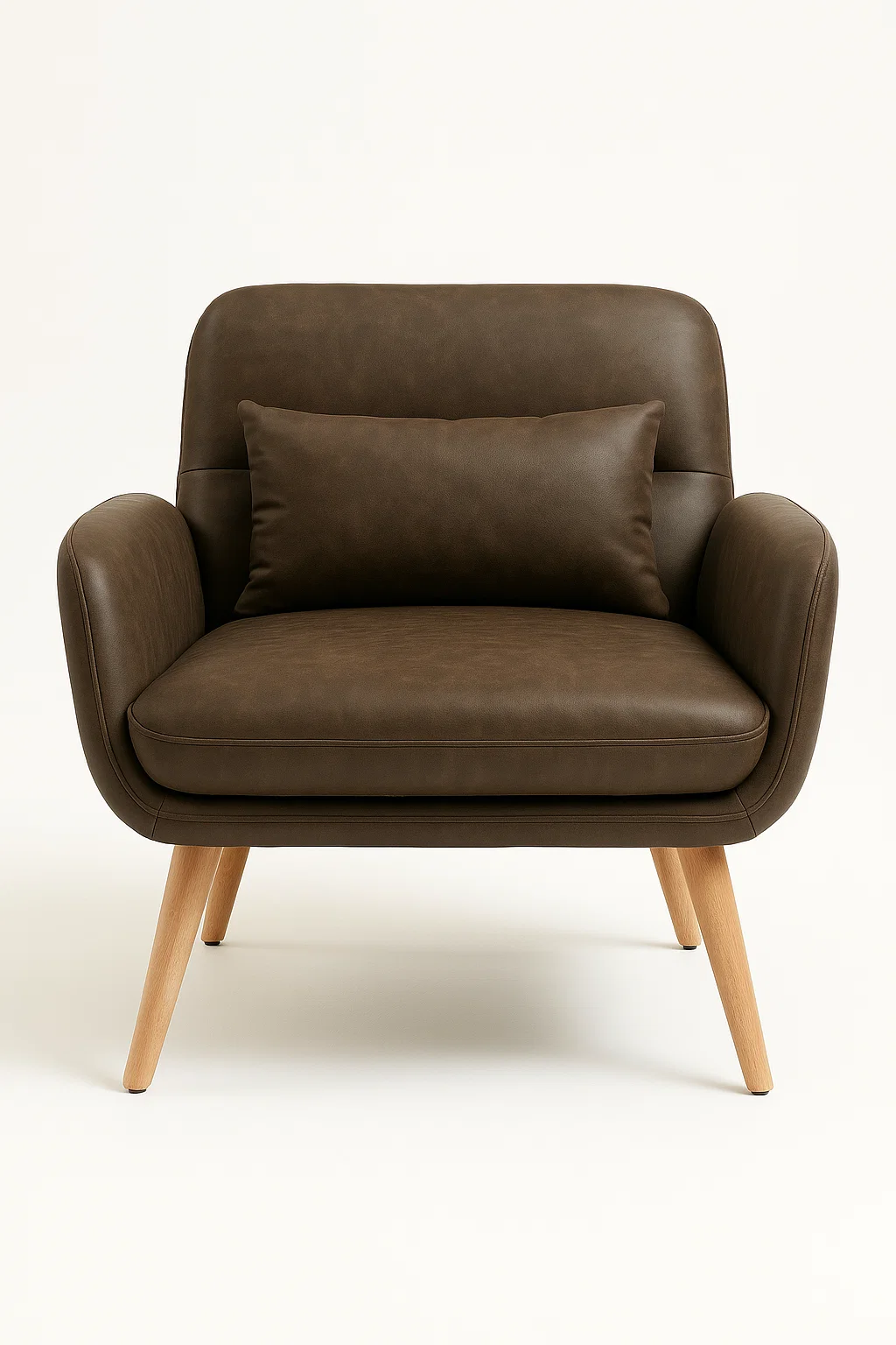 Sillón cama de piel marrón con patas de madera
