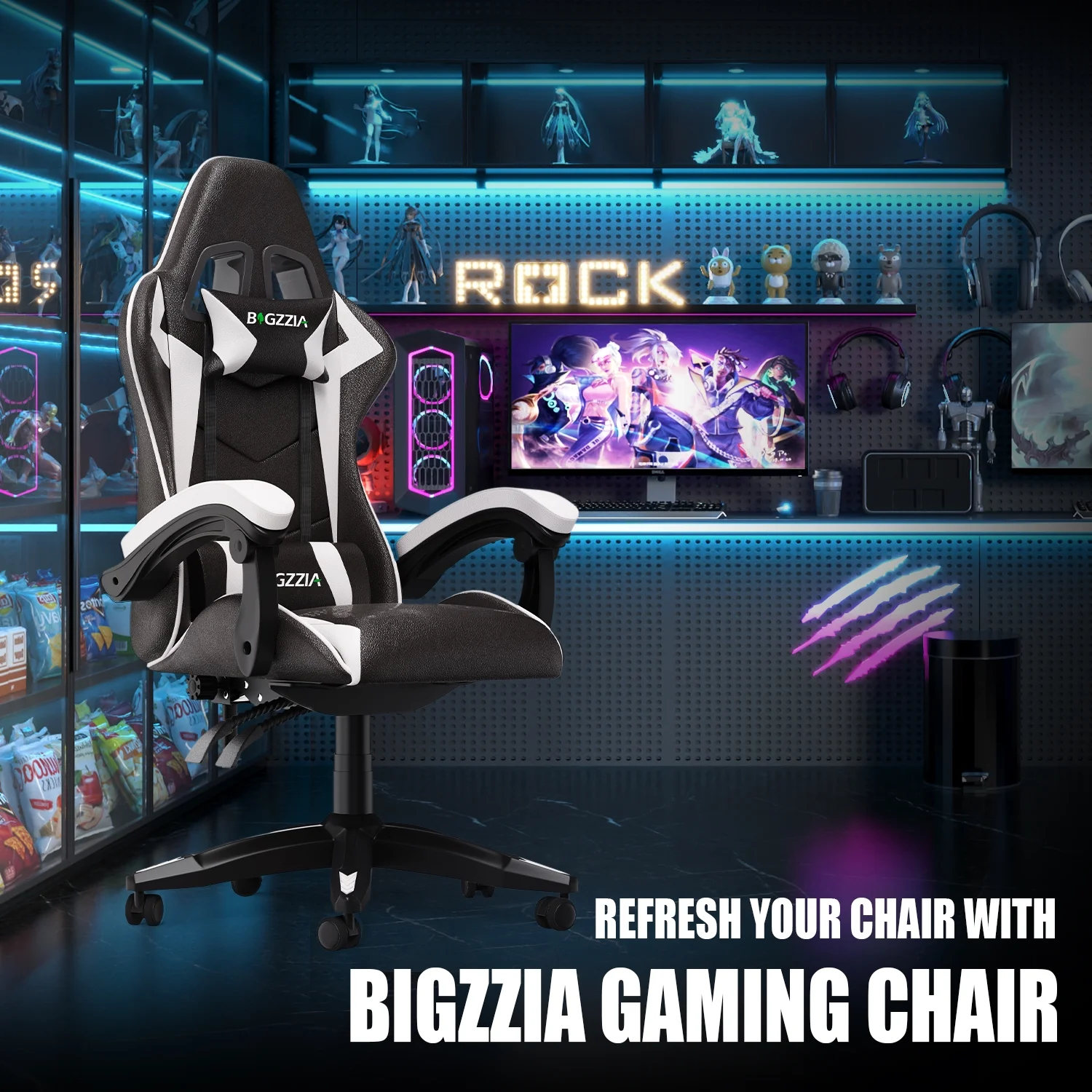 Bigzzia Gaming Chair Office Chair, Ergonomic Game Chair with Height Adjustable Headrest and Lumbar Support for Adults Teens, Black & White - Image 2
