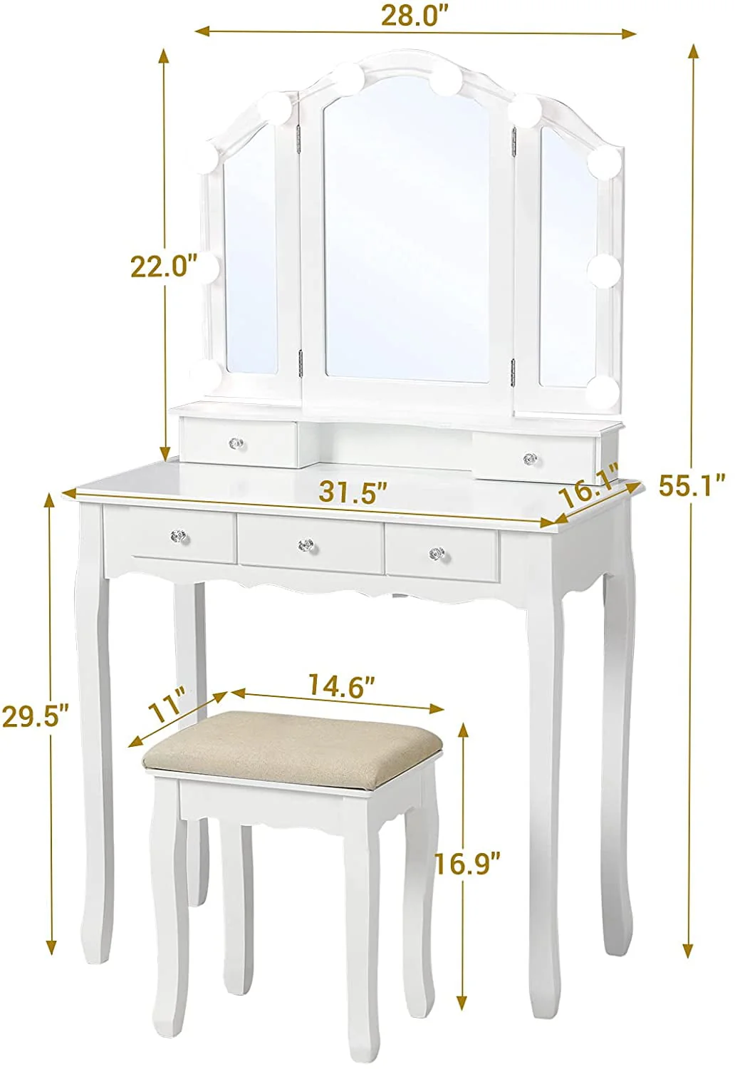 Vanity Table Set with Lighted Tri-Folding Mirror and Cushion Stool, White - Image 5