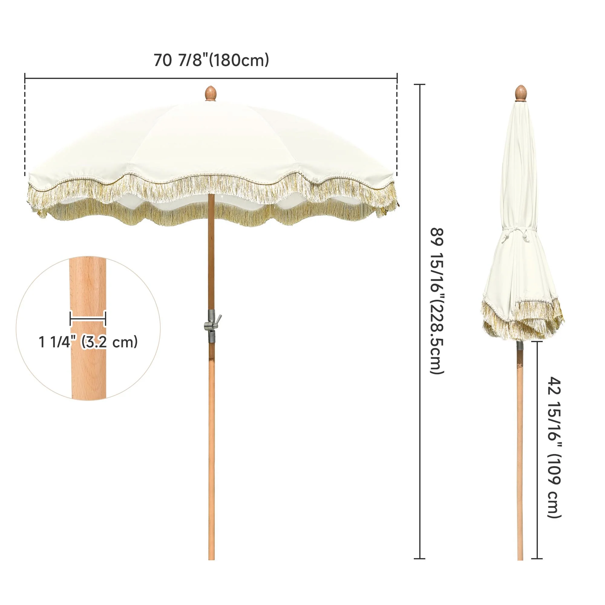 LAGarden 6 Ft Fringe Patio Umbrella with Tassel Jazz Age Wood UPF50+ for Outdoor, Beige with gold tassel,Model: JZ6-01 - Image 10