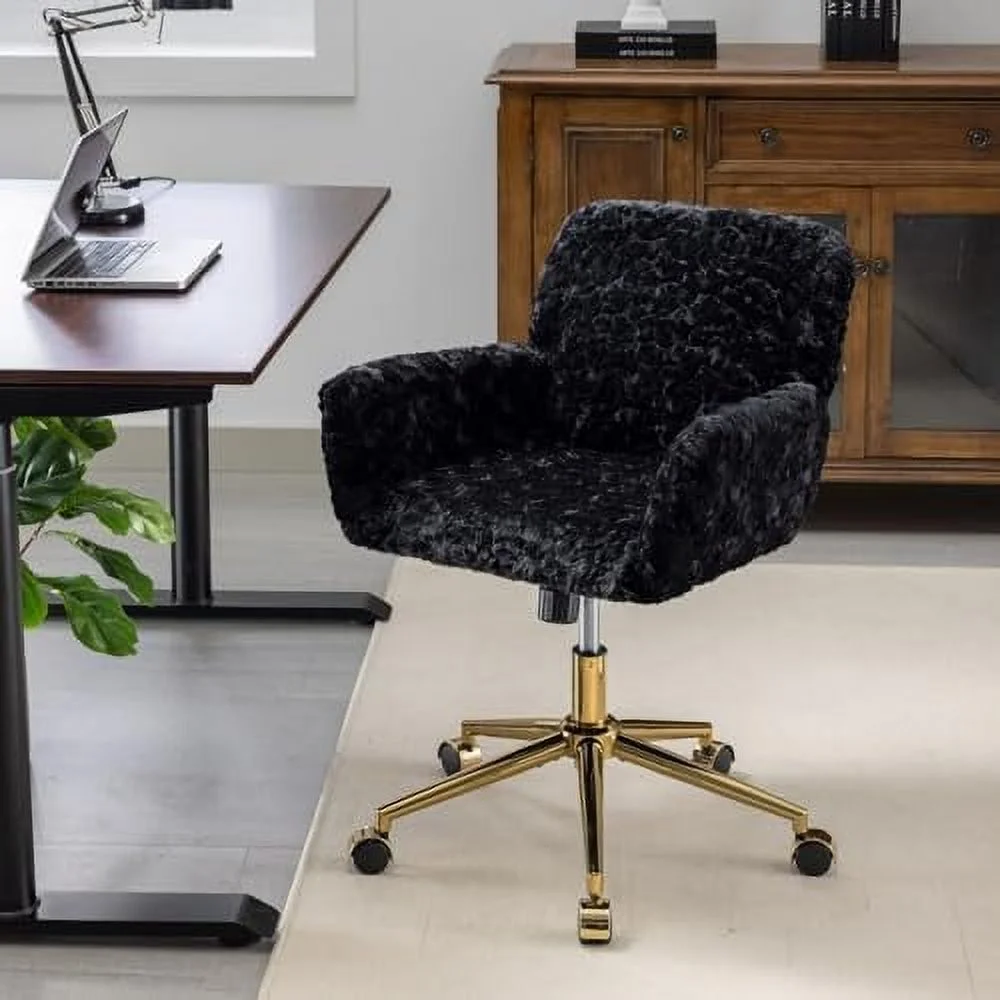 Fluffy Desk Chair,Height Adjustable Vanity Chair with Wheels,Comfortable Faux Fur Desk Chair with goldenn Base, Arm Chair for Bedroom,Living Room,Vanity,Office - Image 11