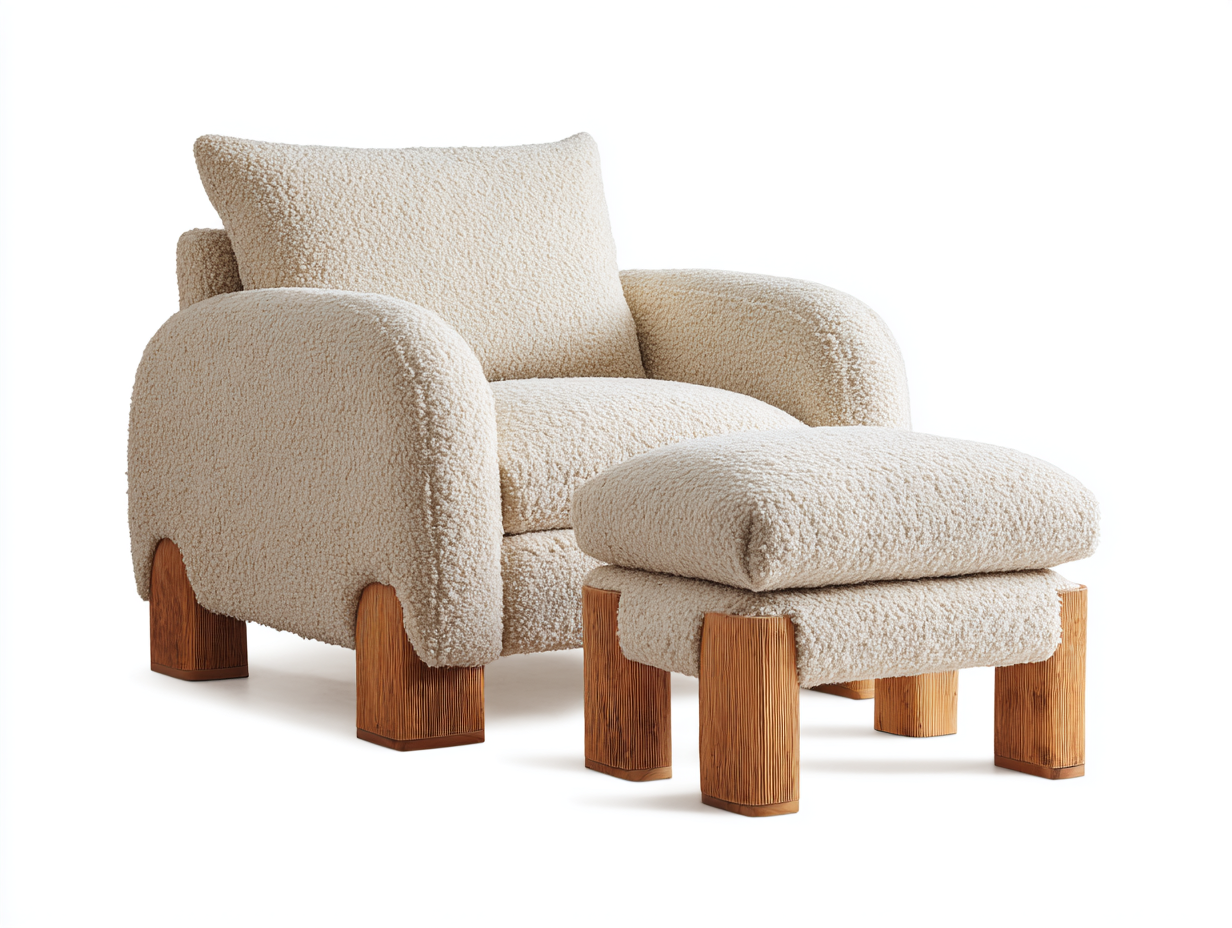 Sillón individual con reposapiés de tela beige con patas de madera y 1 cojín 90×85×90 cm – estilo moderno
