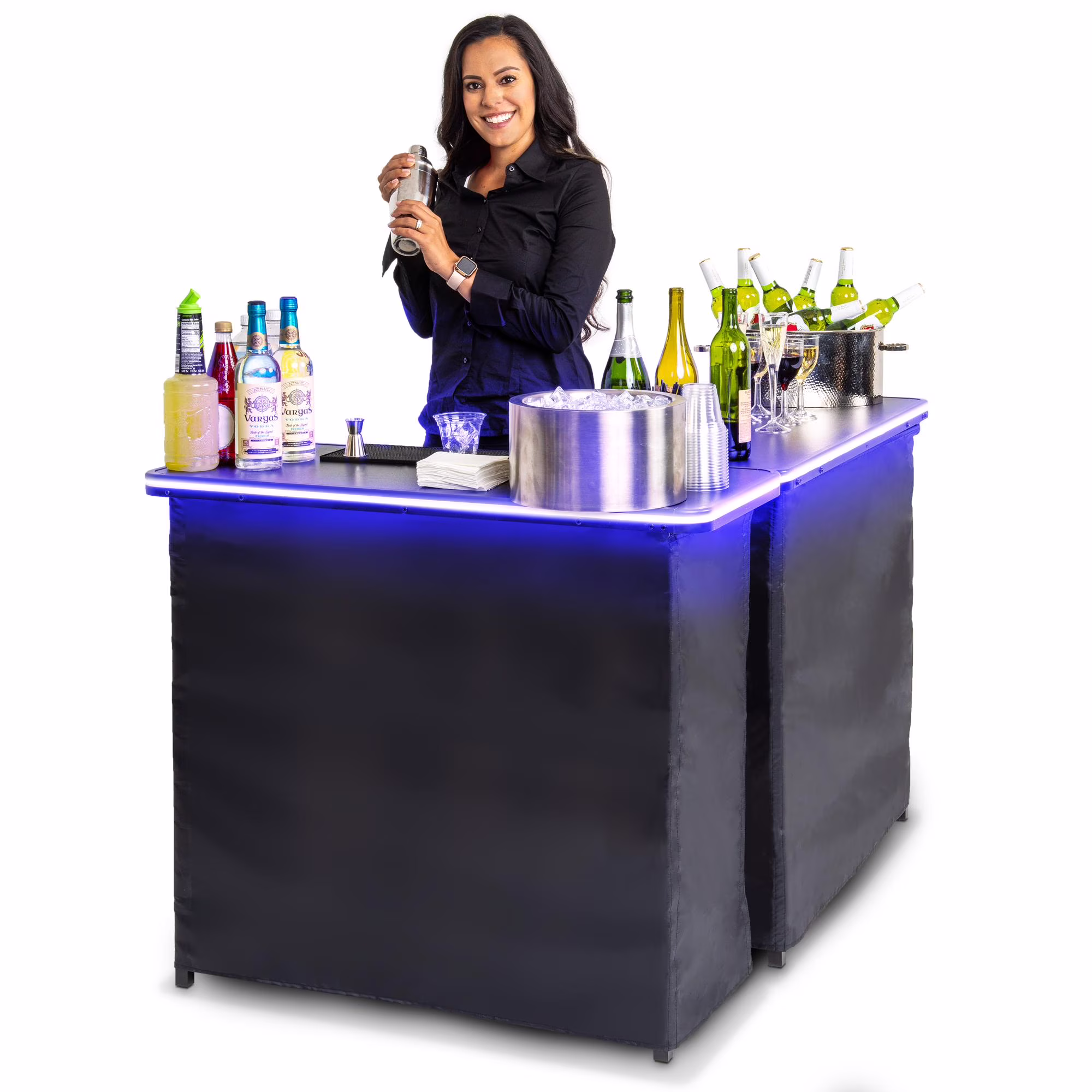 Gobar Portable Double Bar Table Set with Multi - Color LED Lights - Mobile Bartender Station for Events - Includes Carrying Case