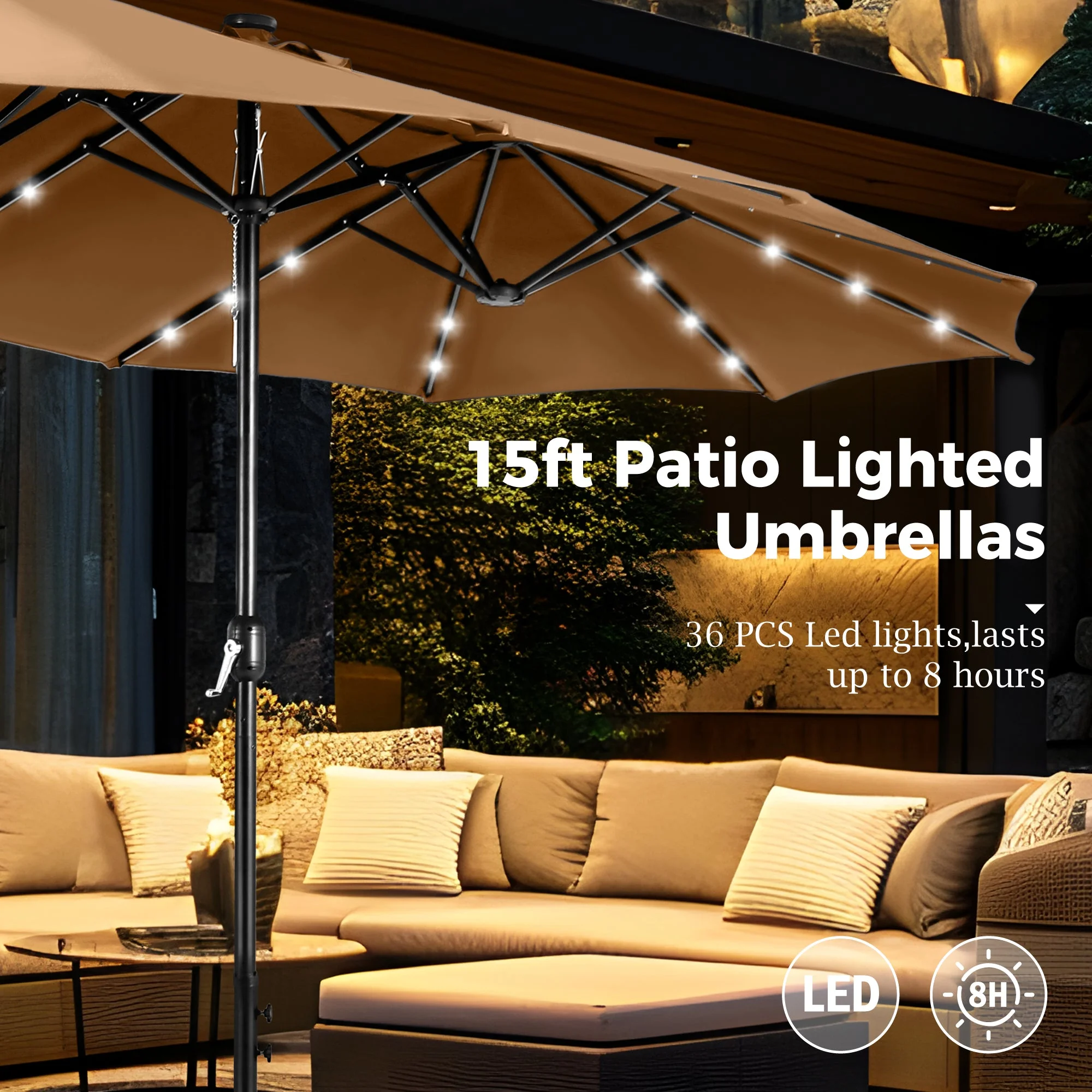Alpha Joy 15ft Extra Large Outdoor Patio Double-Sided Umbrella with LED Solar Lights & Umbrella Base, Beige - Image 30