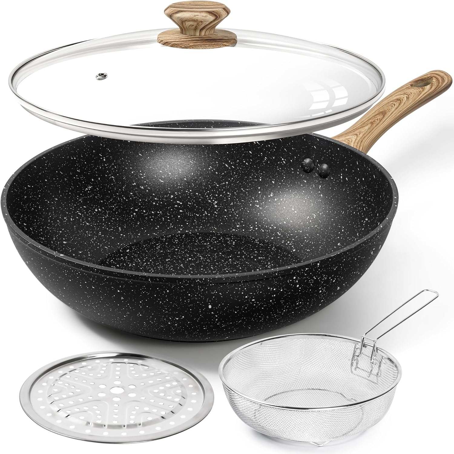 MICHELANGELO 12 Inch Wok Pan with Lid - Woks & Stir-Fry Pans Nonstick Wok with Lid, Stir Fry Pan with Cool-Touch Handle, Induction Wok Set with Stainless Steamer & Fryer Basket