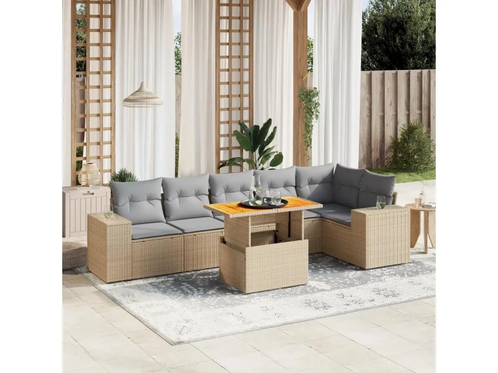 Set sofás de jardín 7 piezas y cojines ratán sintético beige 75961REHQ