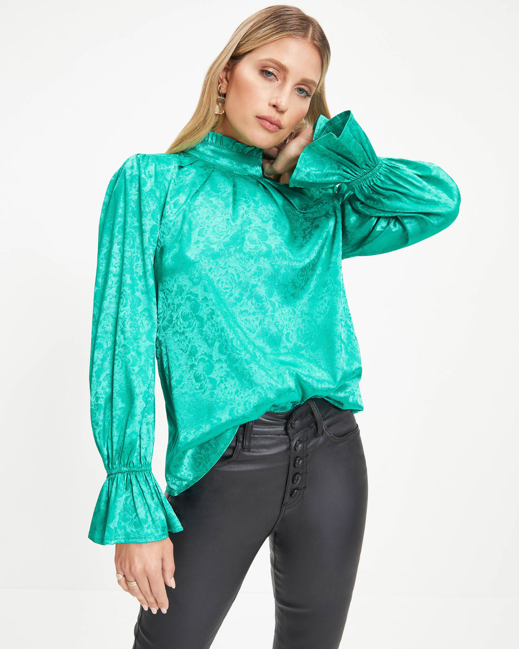Counting Blessings Floral Mock Neck Ruffle Top - Emerald - Se7enfashion