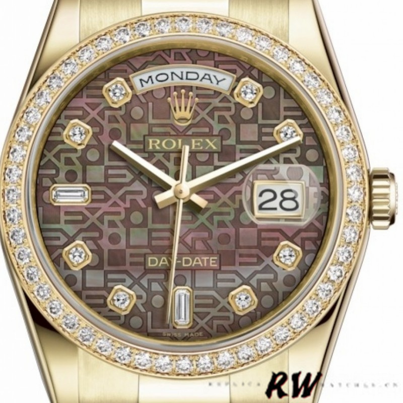 Rolex Day Date 118348 Black MOP Dial Yellow Gold 36mm Unisex Replica Watch