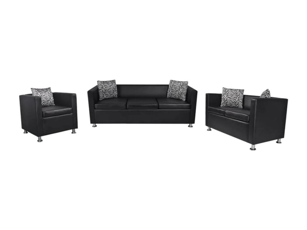 Conjunto de sofás de 2 y 3 plazas y sillón de cuero artificial negro