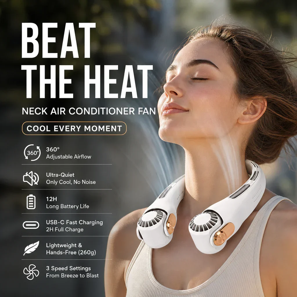 🍃💨 Neck Air Conditioner Fan – Ultra‑quiet, 360° rotating, 3 speeds. Hands‑free cooling, long battery. 😎🌬️