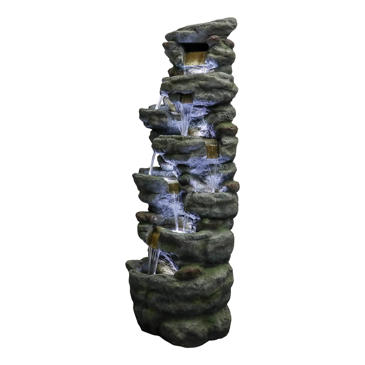 51" H Outdoor Water Fountain - 7-Tiers Rock Waterfall Fountain with LED Lights for Home Garden Decor - Image 6