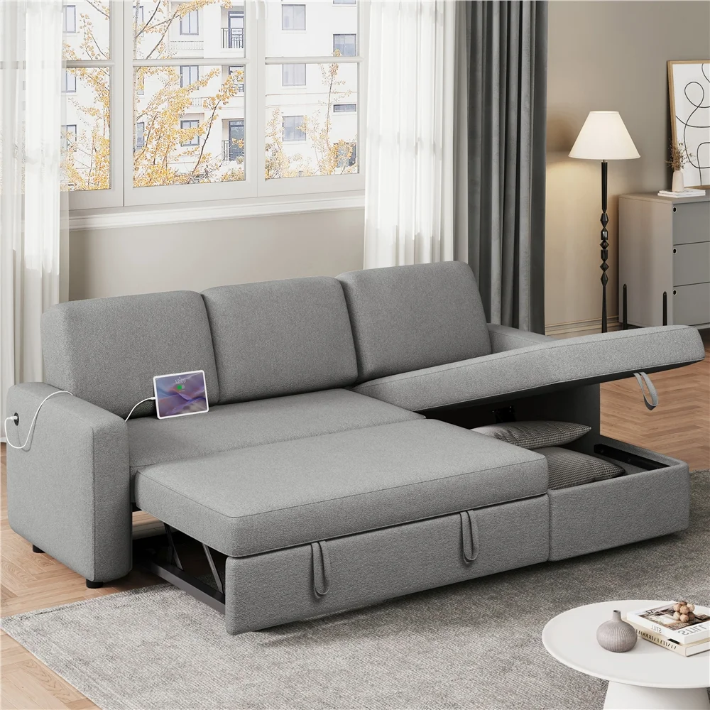 Alden Design Reversible Sectional Sofa with USB & Type-C Ports for Livingroom, Light Gray - Image 8