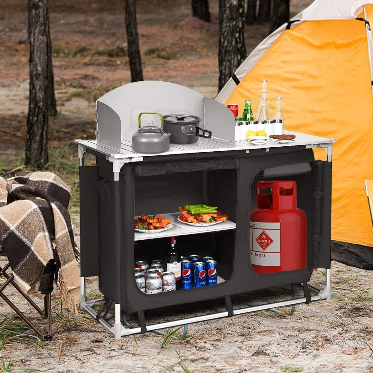 Portable Camping Kitchen Table, Camping Grill Table w/Windscreen & Storage Organizer, Outdoor Kitchen Cook Station with Basin for BBQ, Party, Picnics, Backyards, BBQ Table