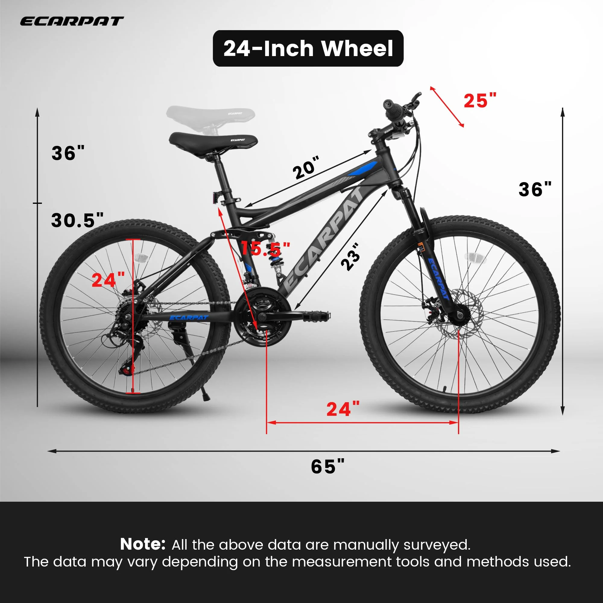 24 inch Dual/Front Suspension Mens Womens Mountain Bike,21 Speeds Dual Disc Brake,High-Carbon Steel Frame,Trail Beach Snow Commuter City Bikes,Black - Image 3