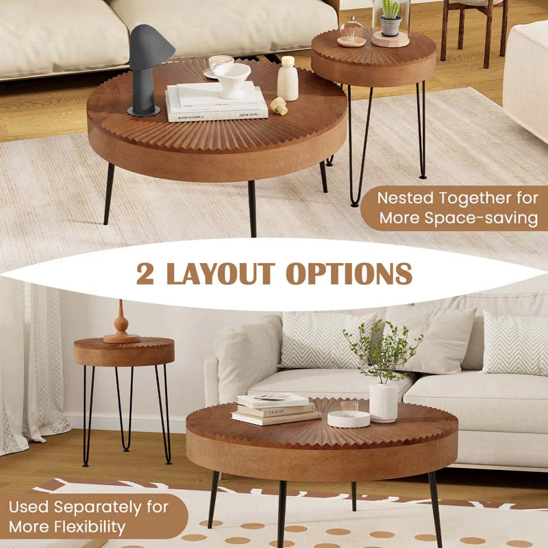 Eletriclife Set of 2 Boho Round Coffee Table with Solid Pine Wood Top and Metal Legs