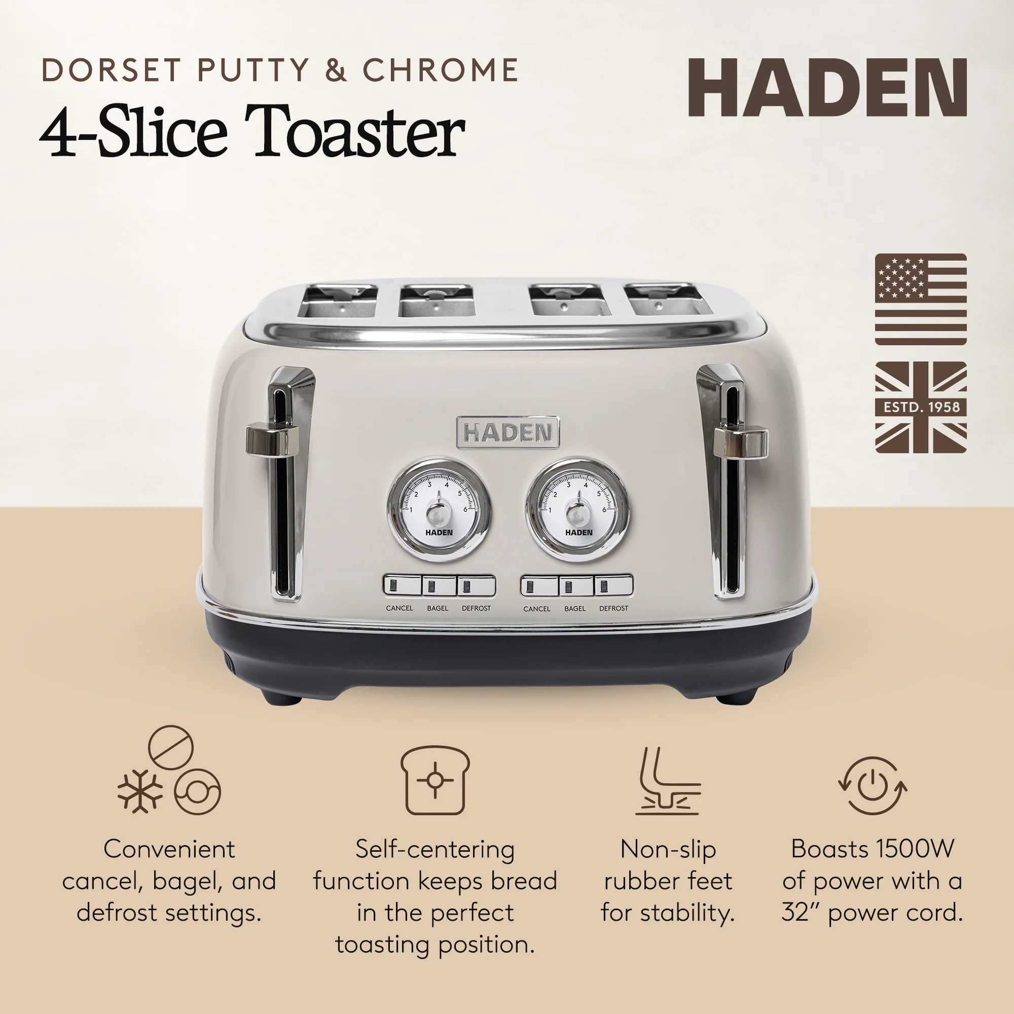 HADEN Dorset Stainless Steel 4-Slice Toaster with Browning Control, Cancel, Reheat and Defrost Settings - Image 2