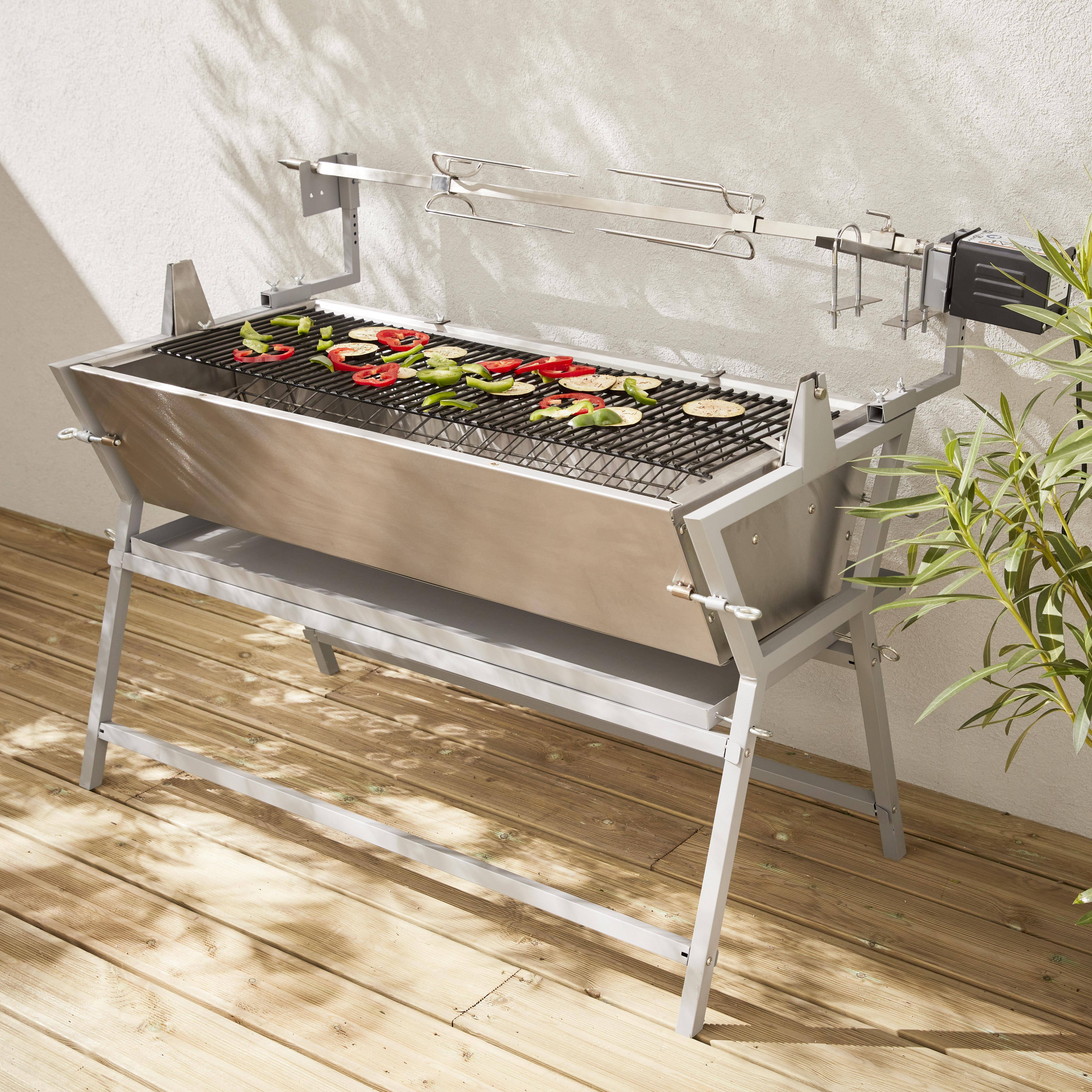 Mathurin con funda - Asador de carbón motorizado inclinable de acero inoxidable con espetón y funda