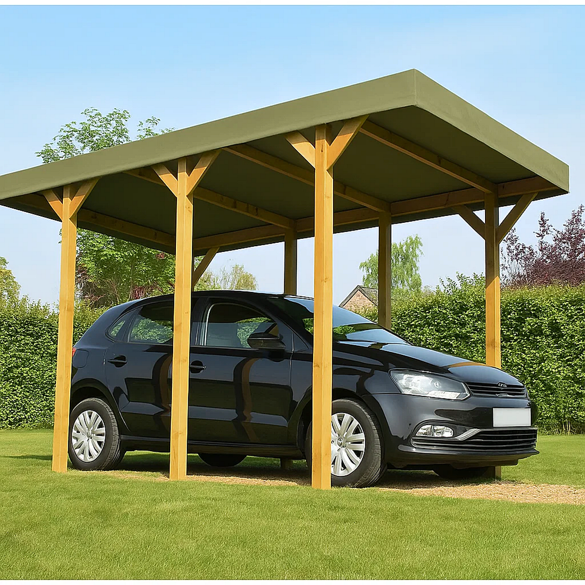 Cochera adosable de madera con techo a dos aguas y postes robustos para 1 coche – Verde oliva y madera natural – 4,9x2,9x2,3 m