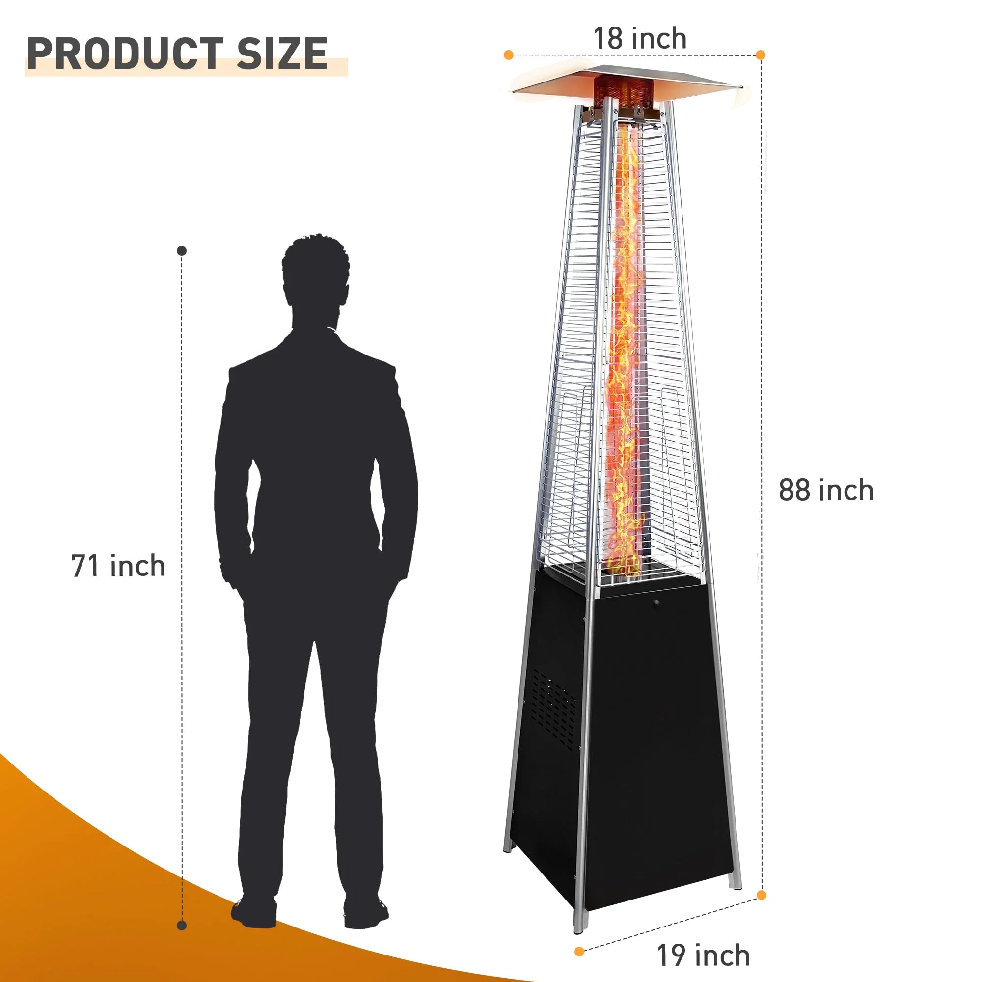 Segmart 48,000 BTU Pyramid Patio Heater, Tall Standing Outdoor Propane Heater with Wheels & Tip-Over Safety Protection, Visible Flame Glass Tube for Backyard, Garden, Commercial Use - Gray - Image 14