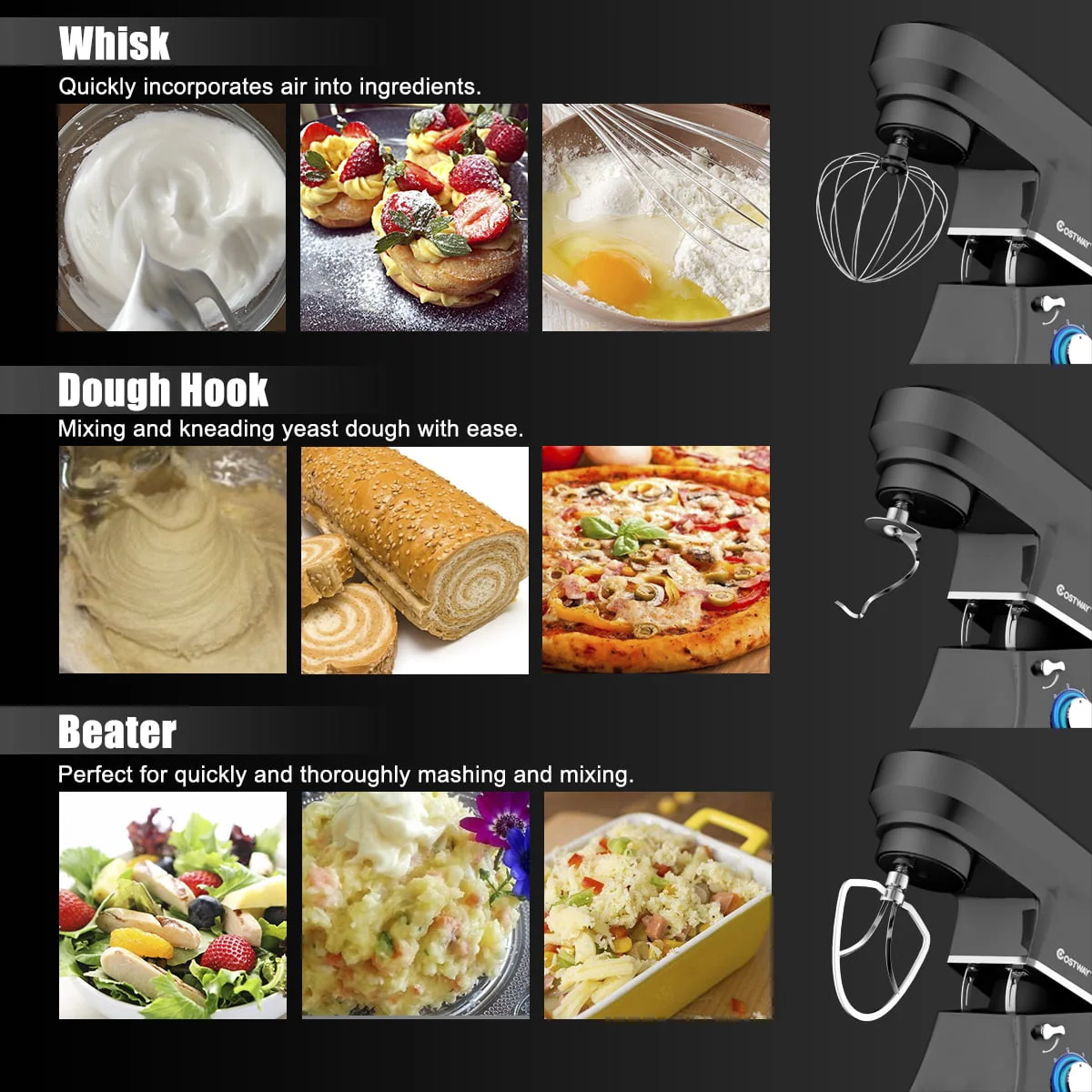 Costway Tilt-Head Stand Mixer 7.5 Qt 6 Speed 660W with Dough Hook, Whisk & Beater Black - Image 4