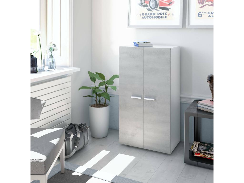 Armario multifunción Nestliq - Zapatero con 2 puertas - Mueble bajo con 6 baldas - Zapatero bajo moderno - 55x36h103 cm - Blanco y Cemento
