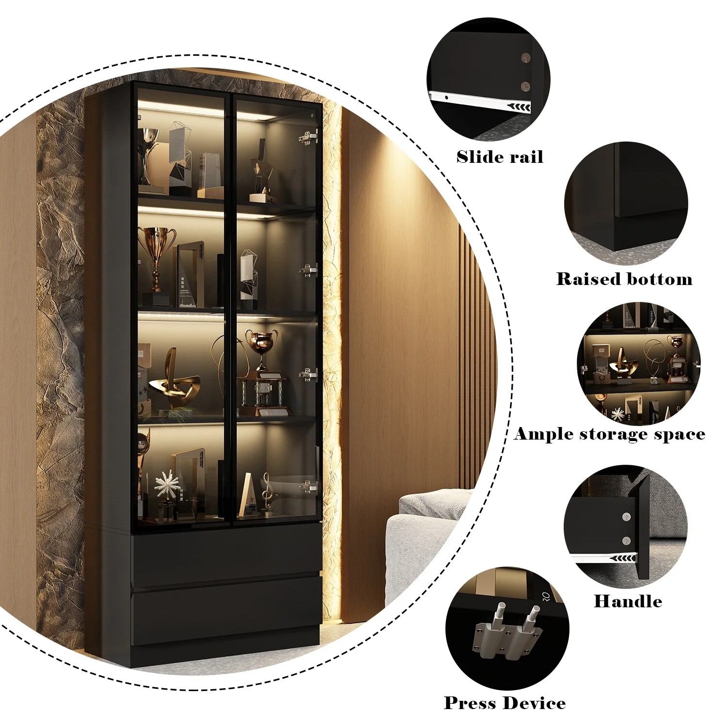 KULAGAGA Bookcases Organizer with LED Lights, Heavy Duty Display Cabinet with Glass Door for Living Room, 31.5" Wide - Image 16