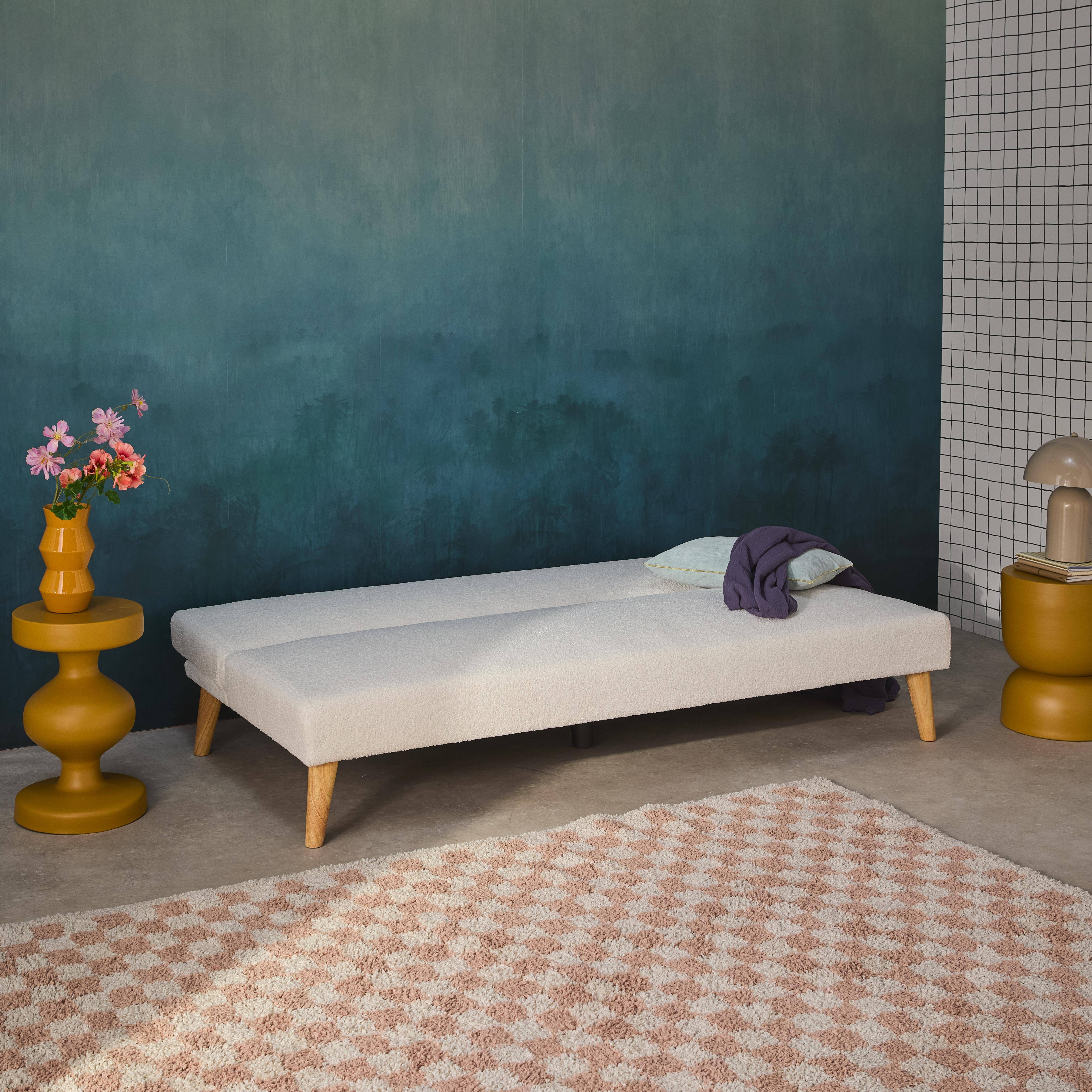 Tom - Sofá-cama  borreguito con patas de madera, 3 plazas