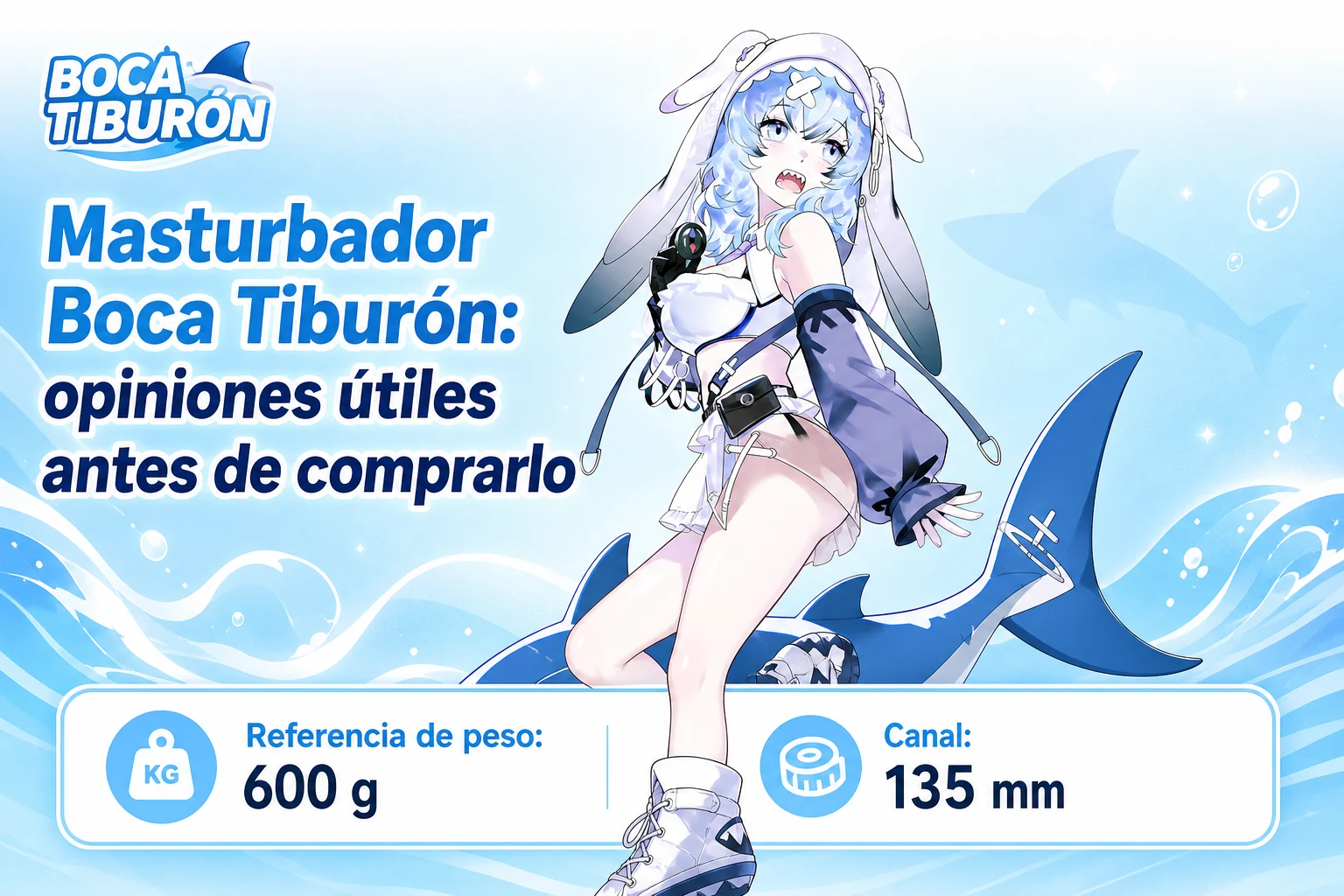 Masturbador Boca Tiburón con referencia de peso de 600 g y canal de 135 mm