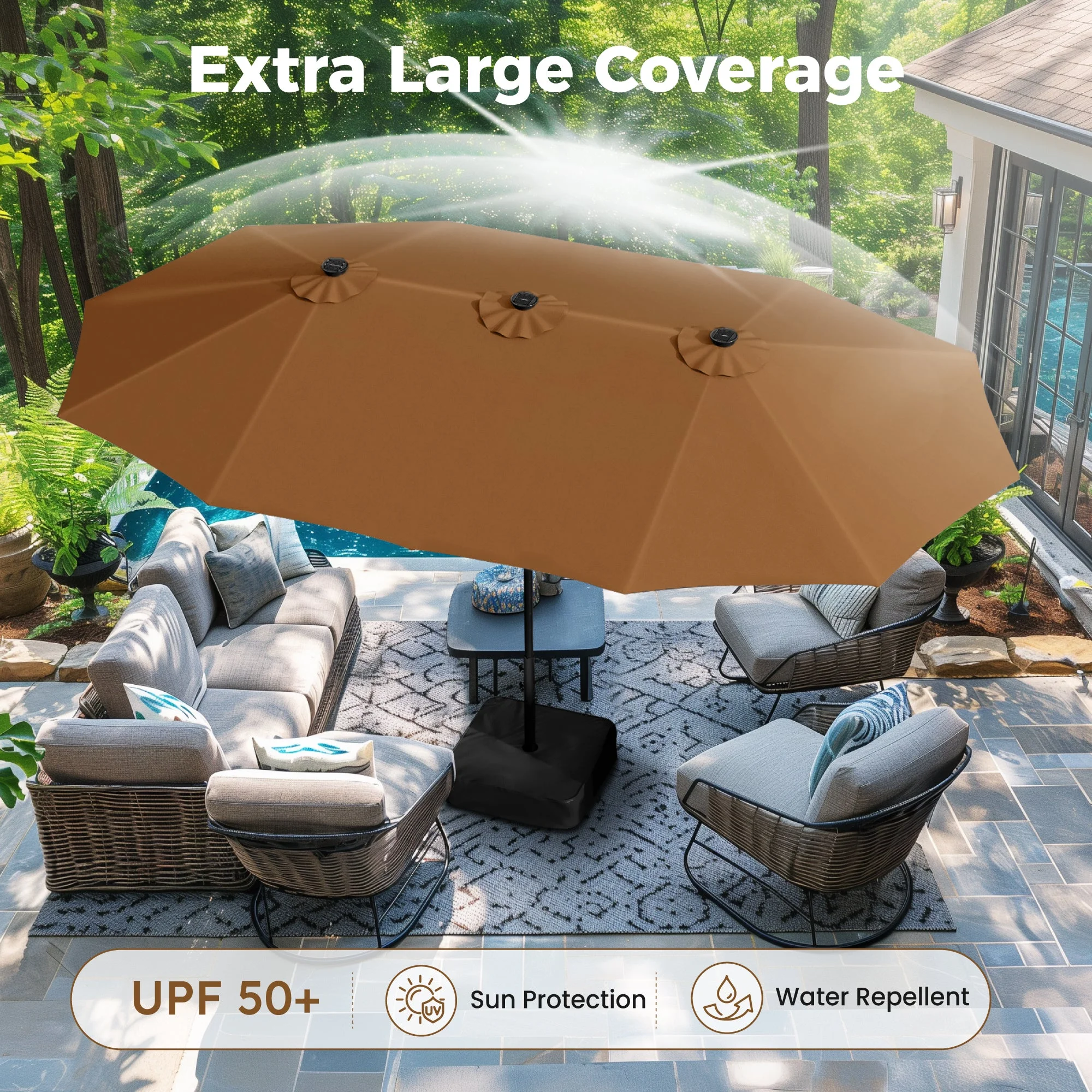 Alpha Joy 15ft Extra Large Outdoor Patio Double-Sided Umbrella with LED Solar Lights & Umbrella Base, Beige - Image 29