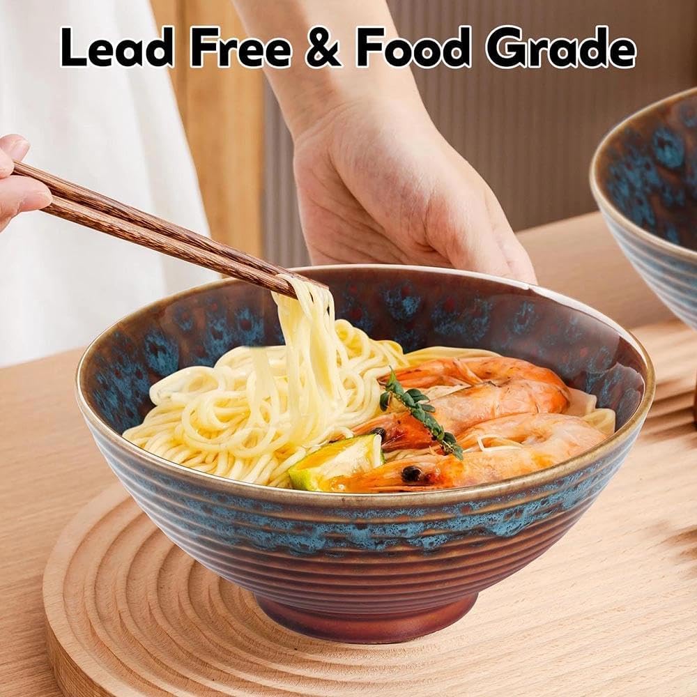 Ceramic Ramen Bowls - 40 oz - 20cm - With Spoon and Chopsticks for Ramen Soup Pho Udon Asian Noodles, Large Noodle Bowls (Cat's eye glaze)
