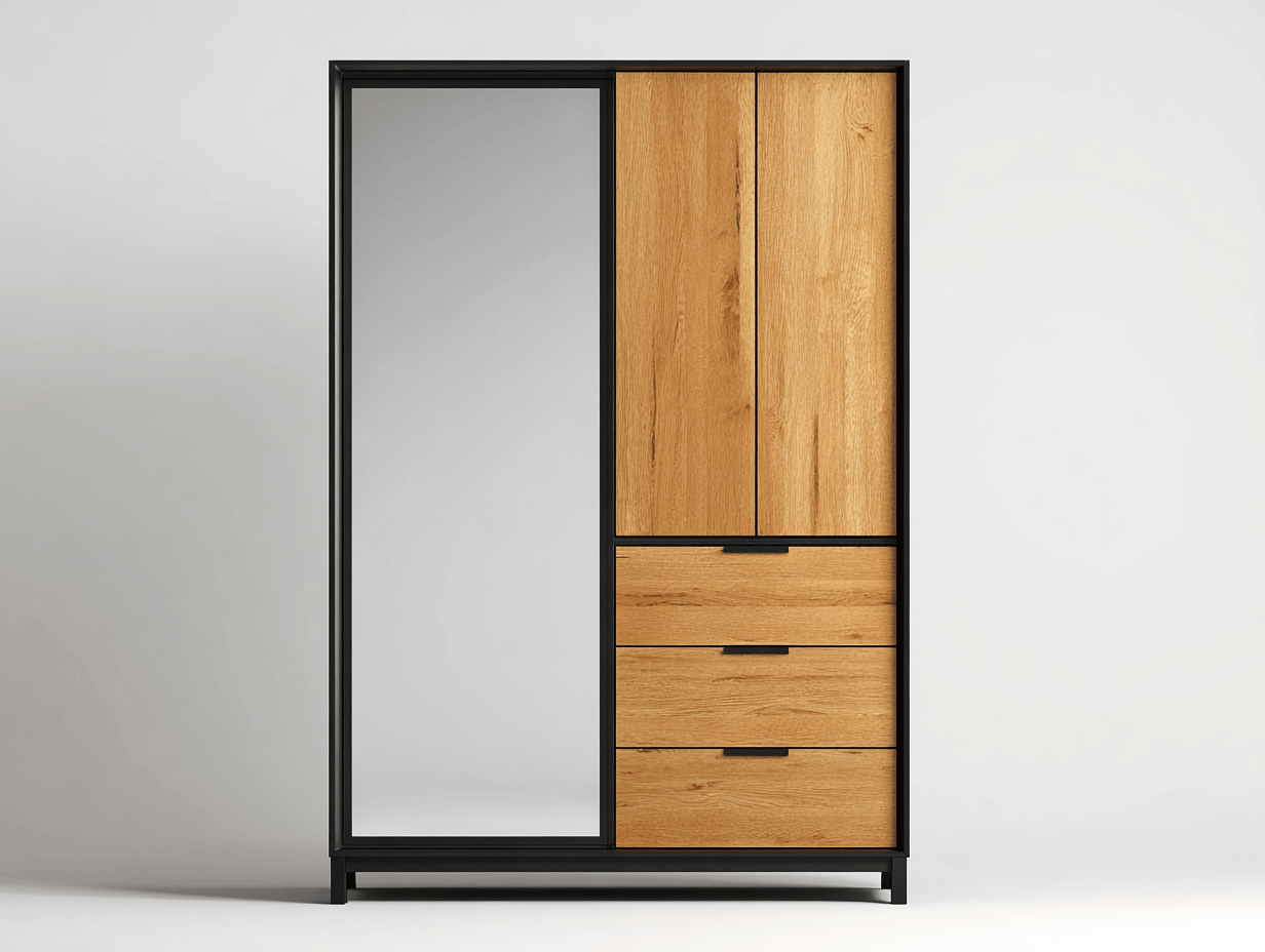 Armario de 3 puertas con espejo y 3 cajones 120×60×200 cm – madera de roble y estructura negra – estilo moderno