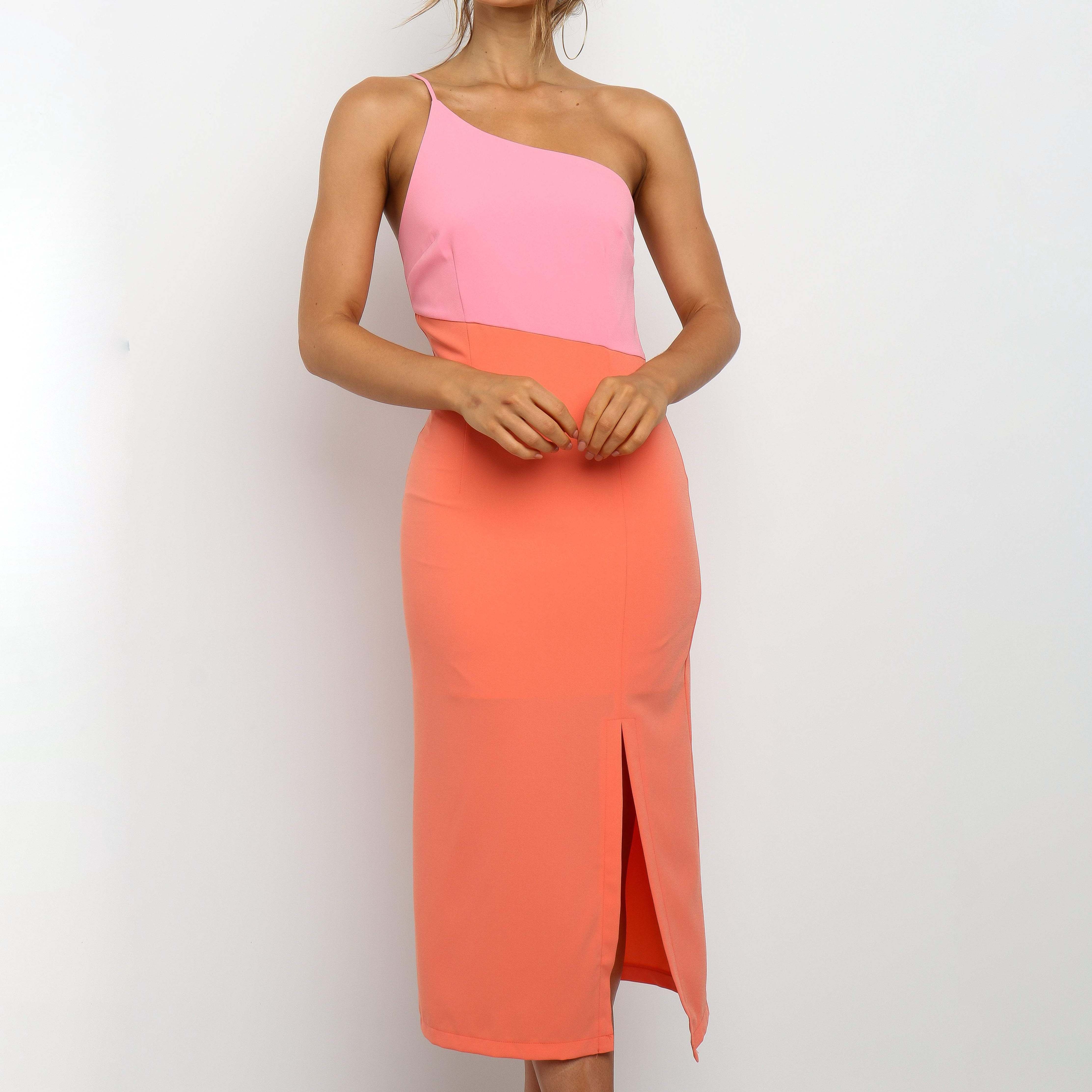 Elegant Stitching Contrast One-shoulder Strap Dress