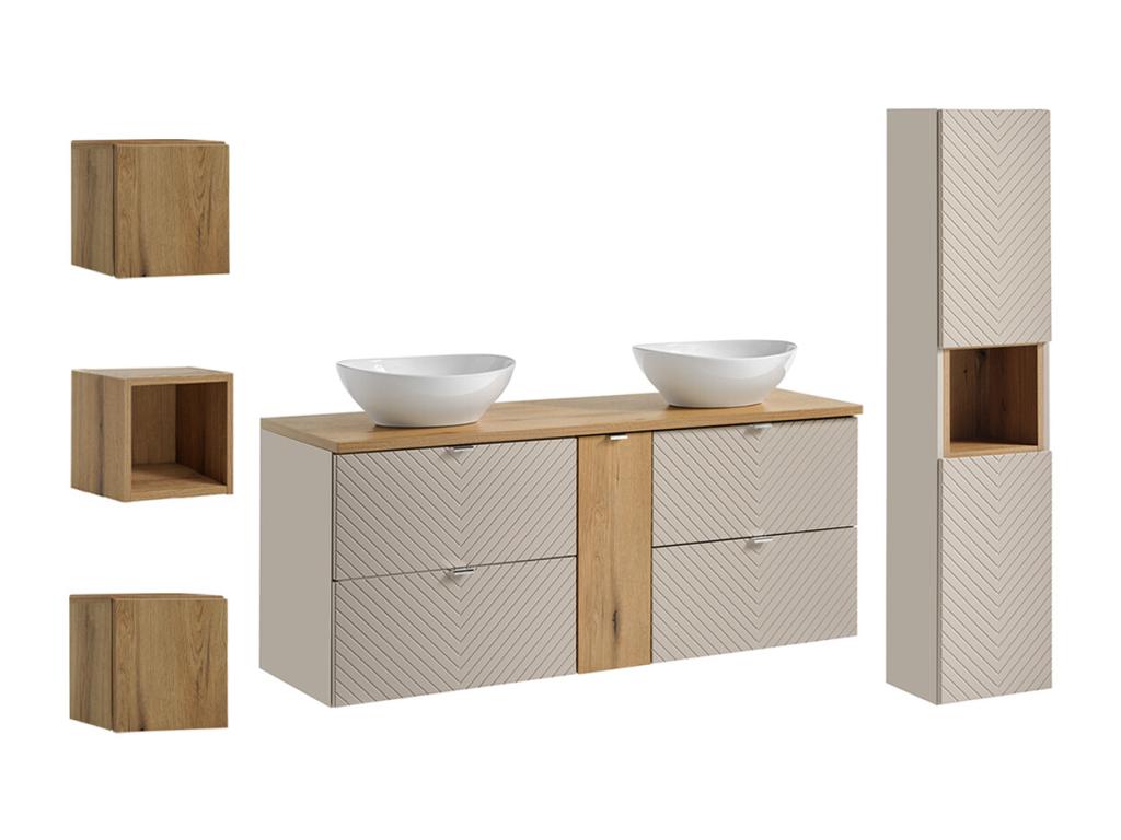 Conjunto de muebles con doble lavabo 140cm columna y 3 armarios de pared Manoa Cachemira y madera