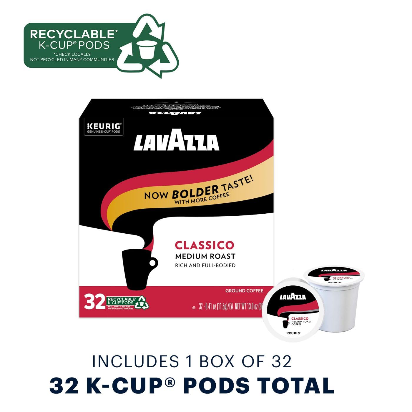 Lavazza Classico Single-Serve Coffee K-Cup® Pods for Keurig® Brewer. Medium Roast. Caps Classico. 32 Count (Pack of 4) Full-bodied medium roast with rich flavor and notes of dried fruit. Value Pack
